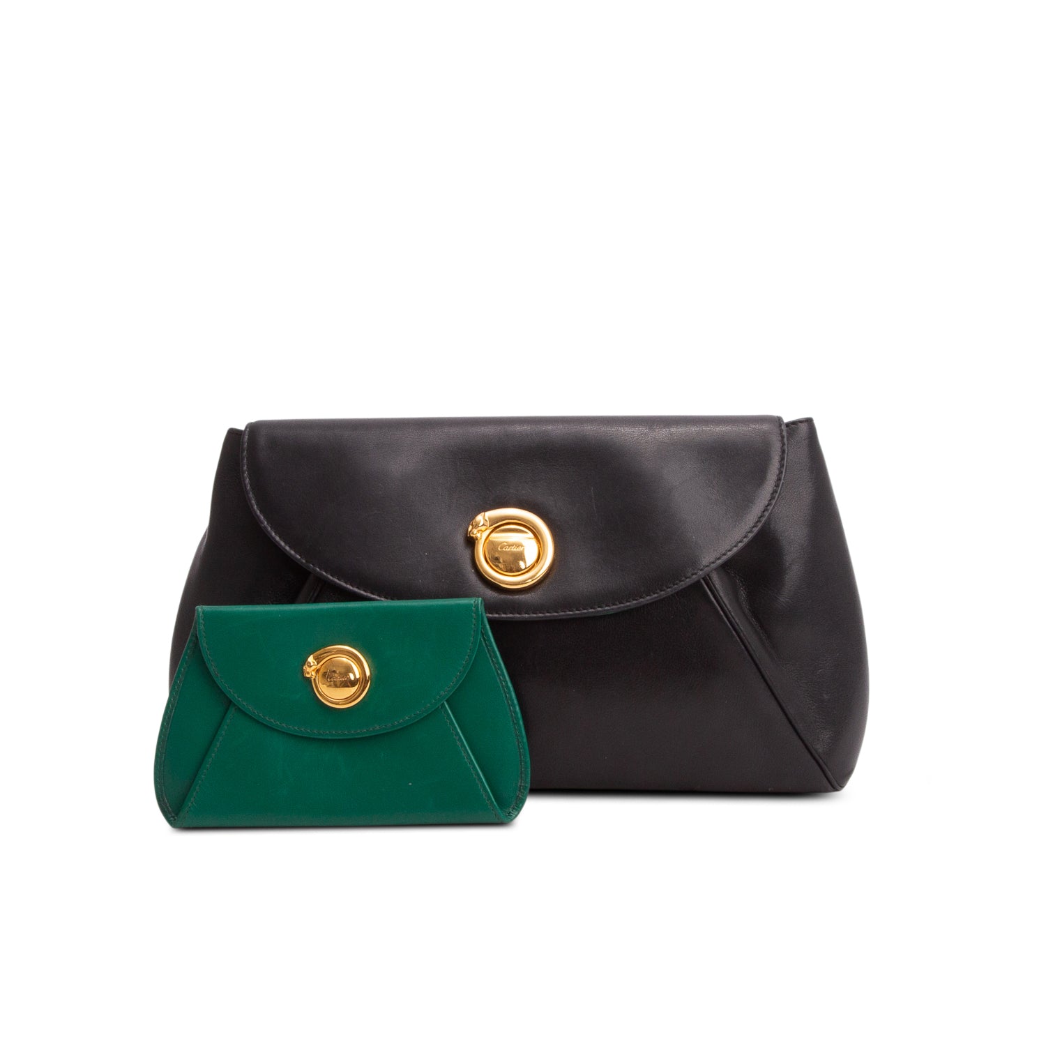 Cartier Vintage Black Leather Panthere Clutch Bag w/ Pouch