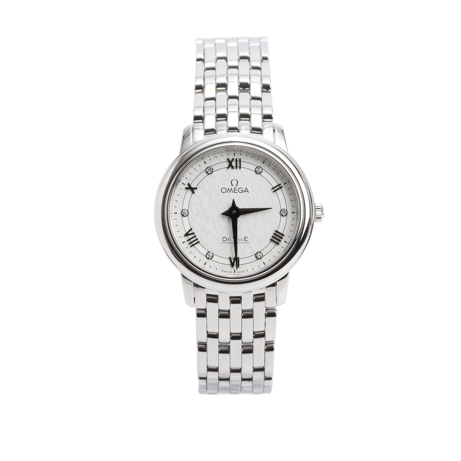 Omega Stainless Steel De Ville Prestige 27.4 MM Quartz Watch Silver Diamond Dial w/ Box & Papers