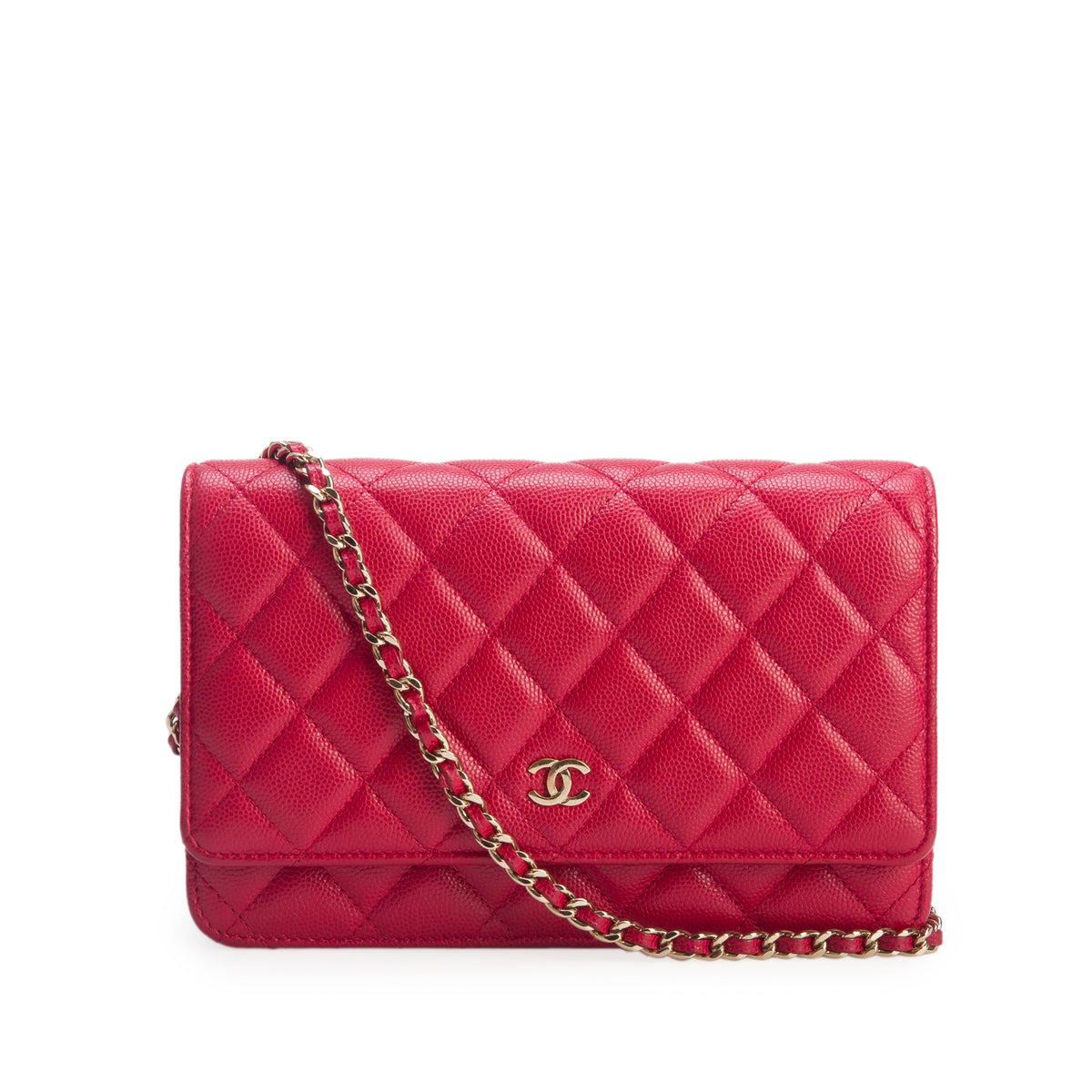 Chanel Red Caviar Quilted Classic Wallet on Chain w/ Authenticity Card