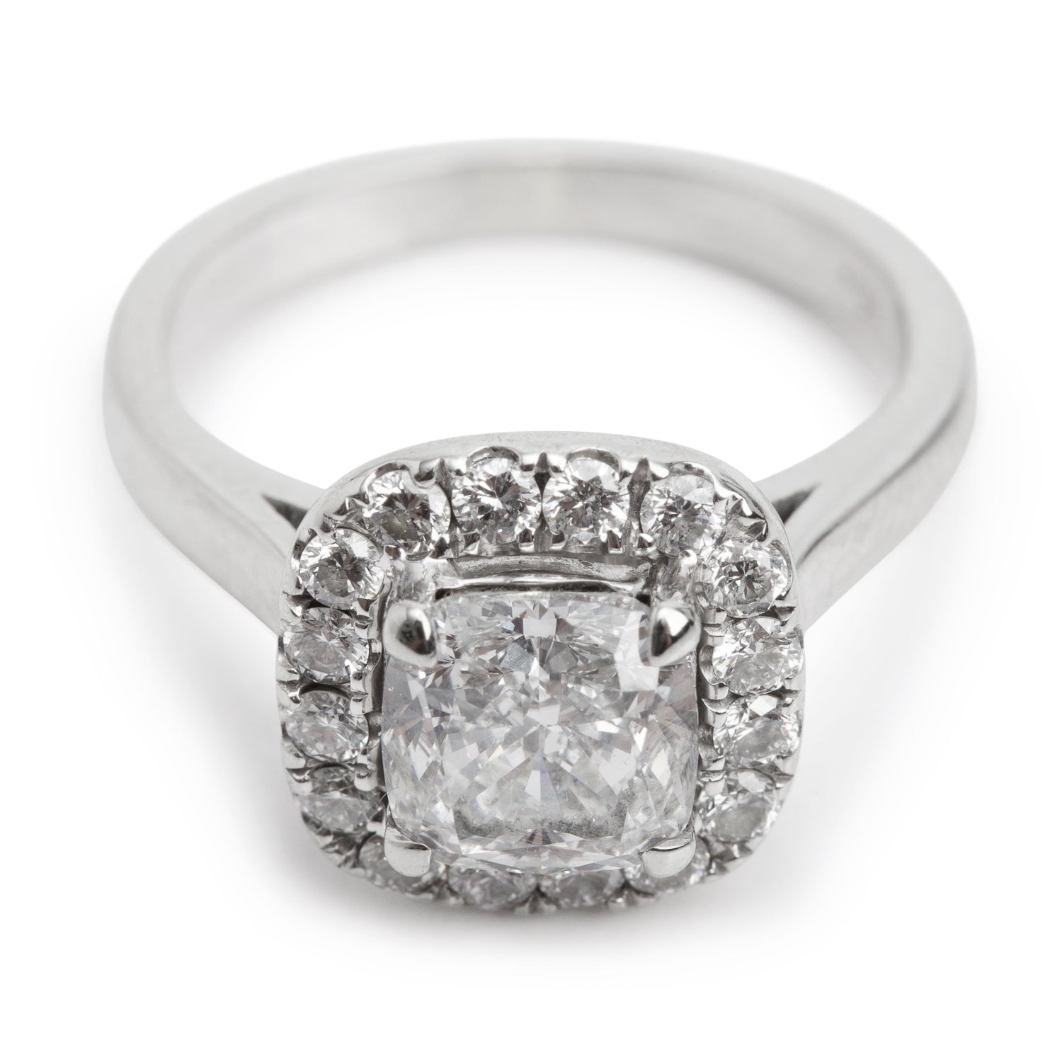 19k White Gold 1.65 ct. Cushion Cut Diamond Halo Top Engagement Ring, Size 4.75