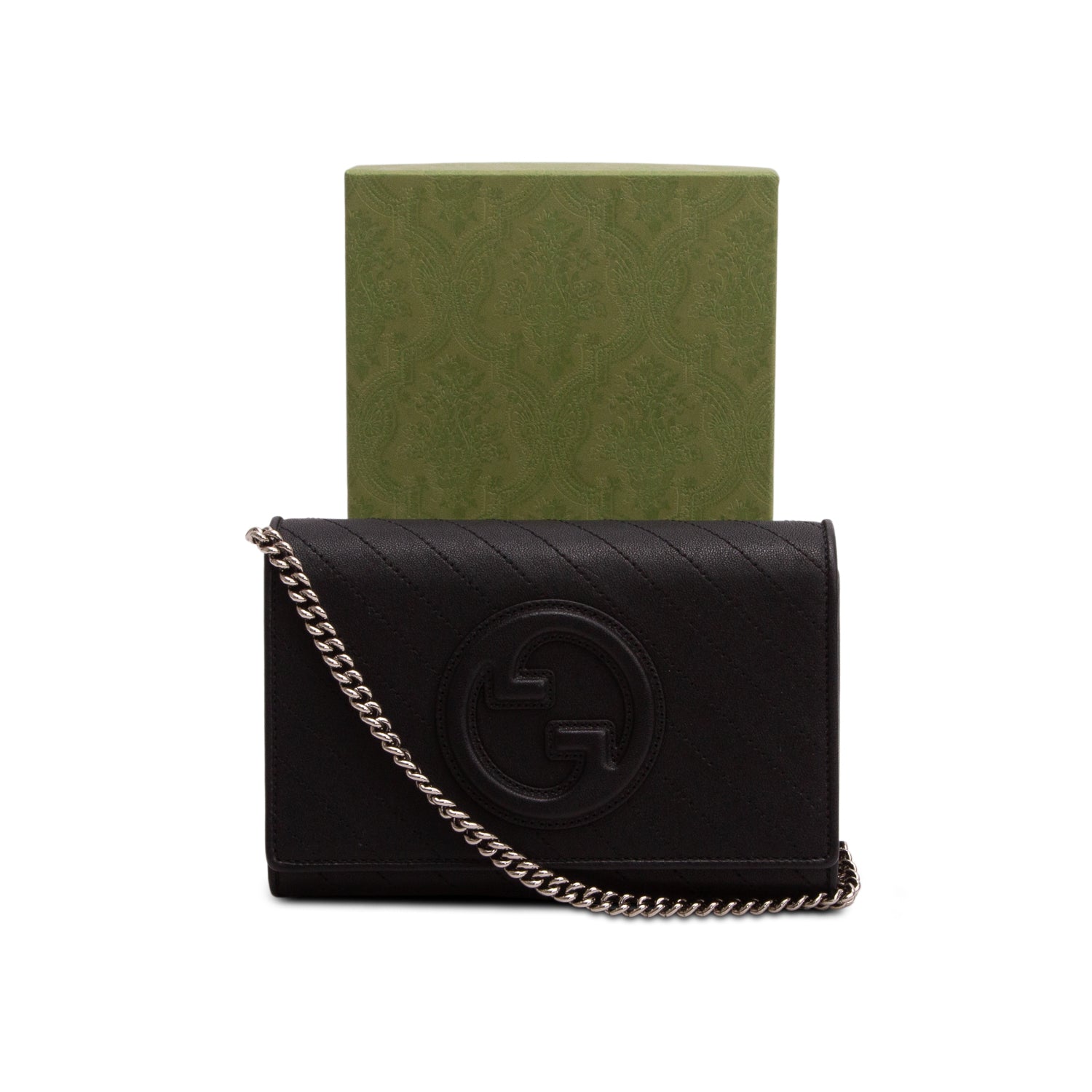 Gucci Black Calfskin Diagonal Stitched Blondie Wallet on Chain w/ Box