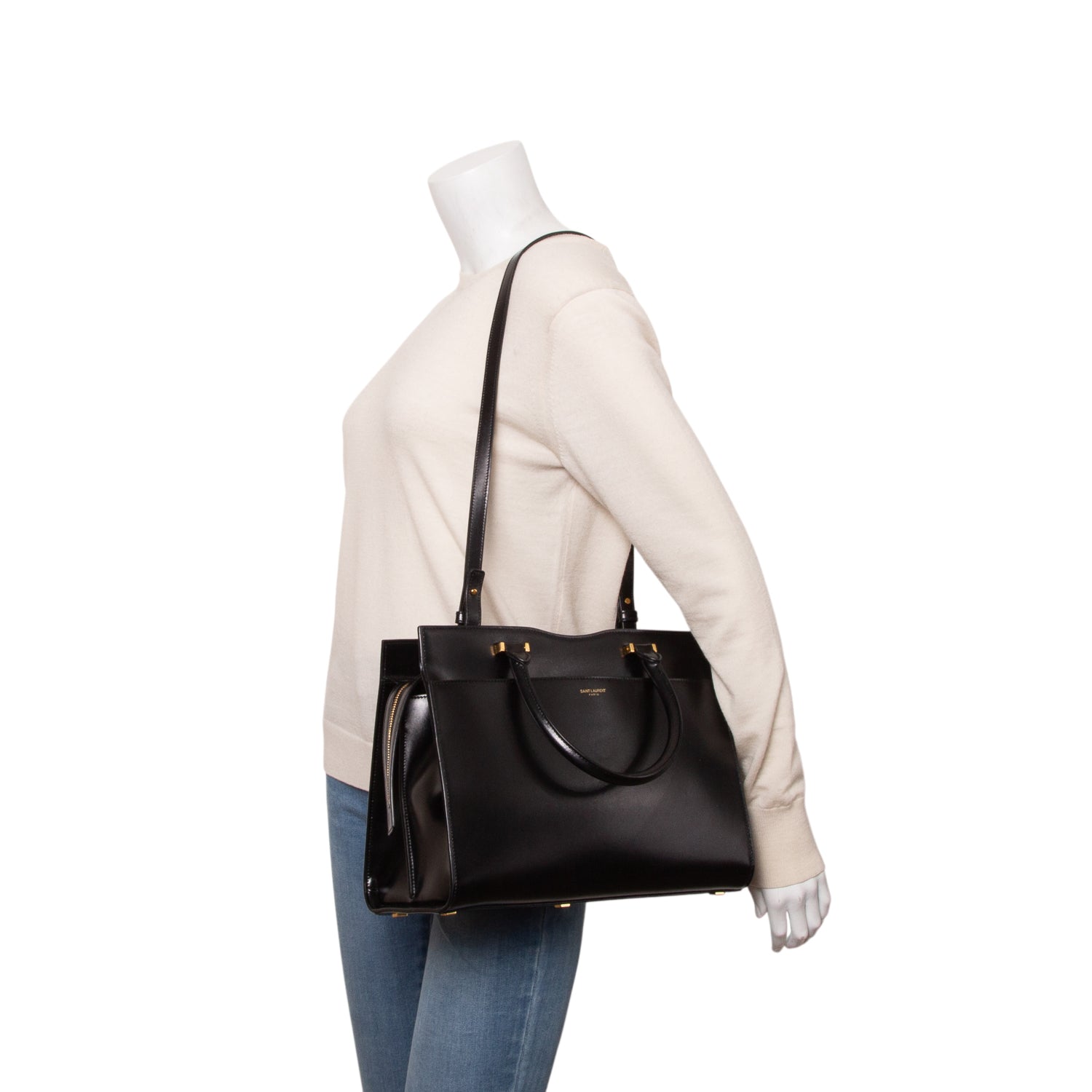 Saint Laurent Black Smooth Calfskin Uptown Cabas Tote w/ Box, Strap & Receipt