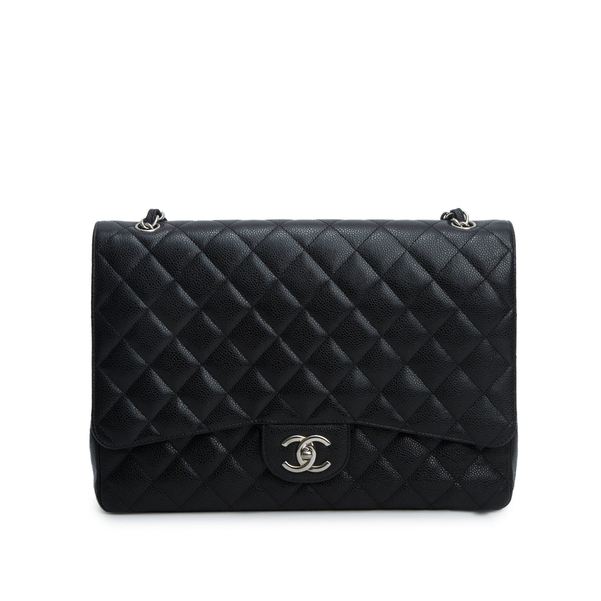 Chanel Black Quilted Caviar Leather Classic Maxi Double Flap Bag w/ Box, Receipt & Authenticity Card