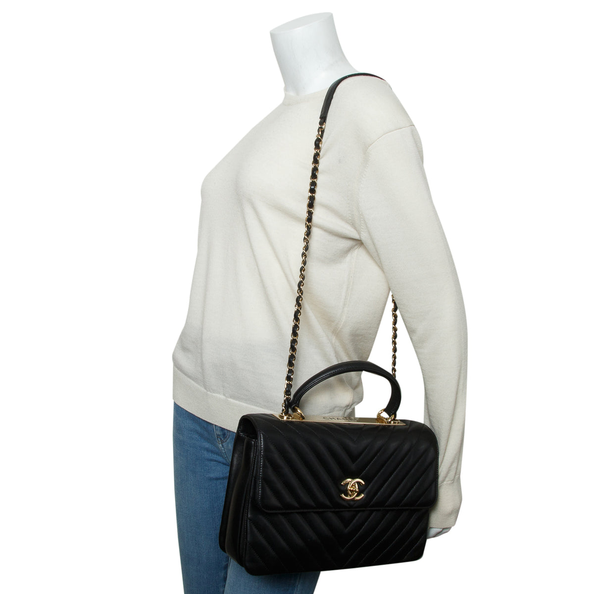 Chanel Black Chevron Quilted Lambskin Trendy CC Medium Top Handle Flap Bag