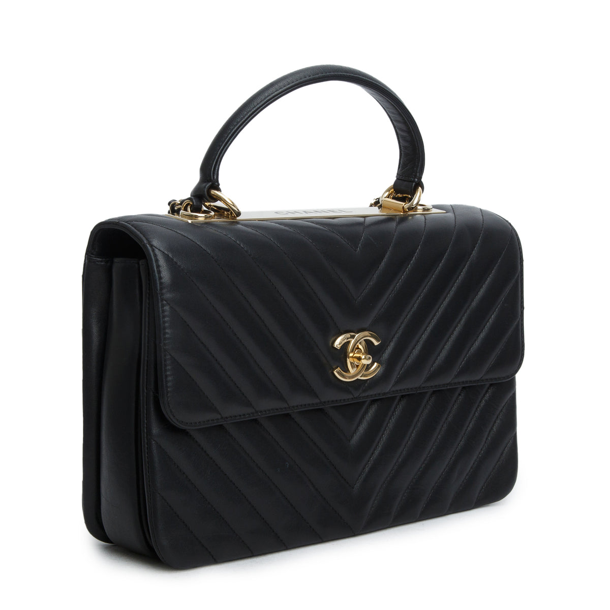 Chanel Black Chevron Quilted Lambskin Trendy CC Medium Top Handle Flap Bag