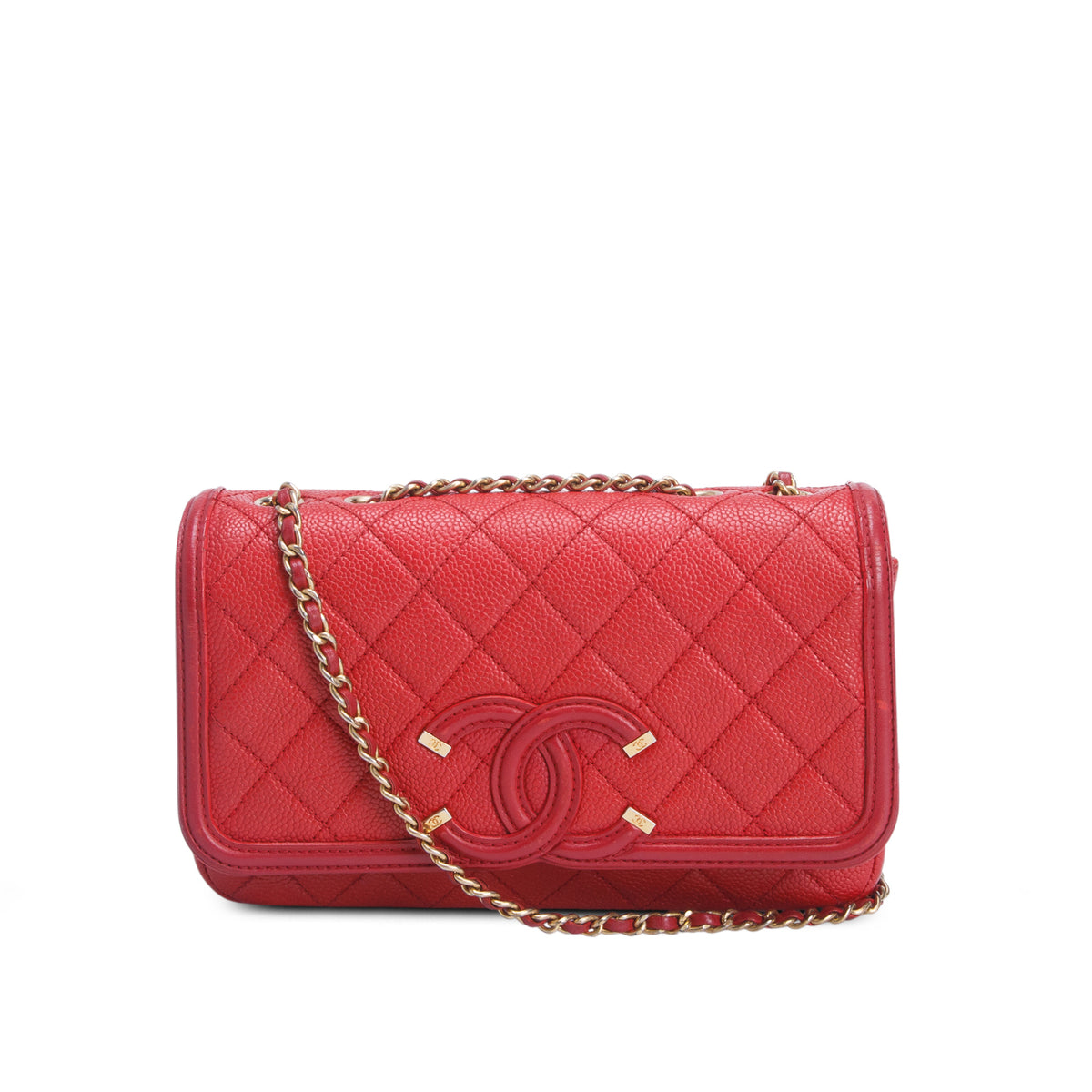 Chanel Red Caviar Quilted Leather CC Filigree Small Flap Bag