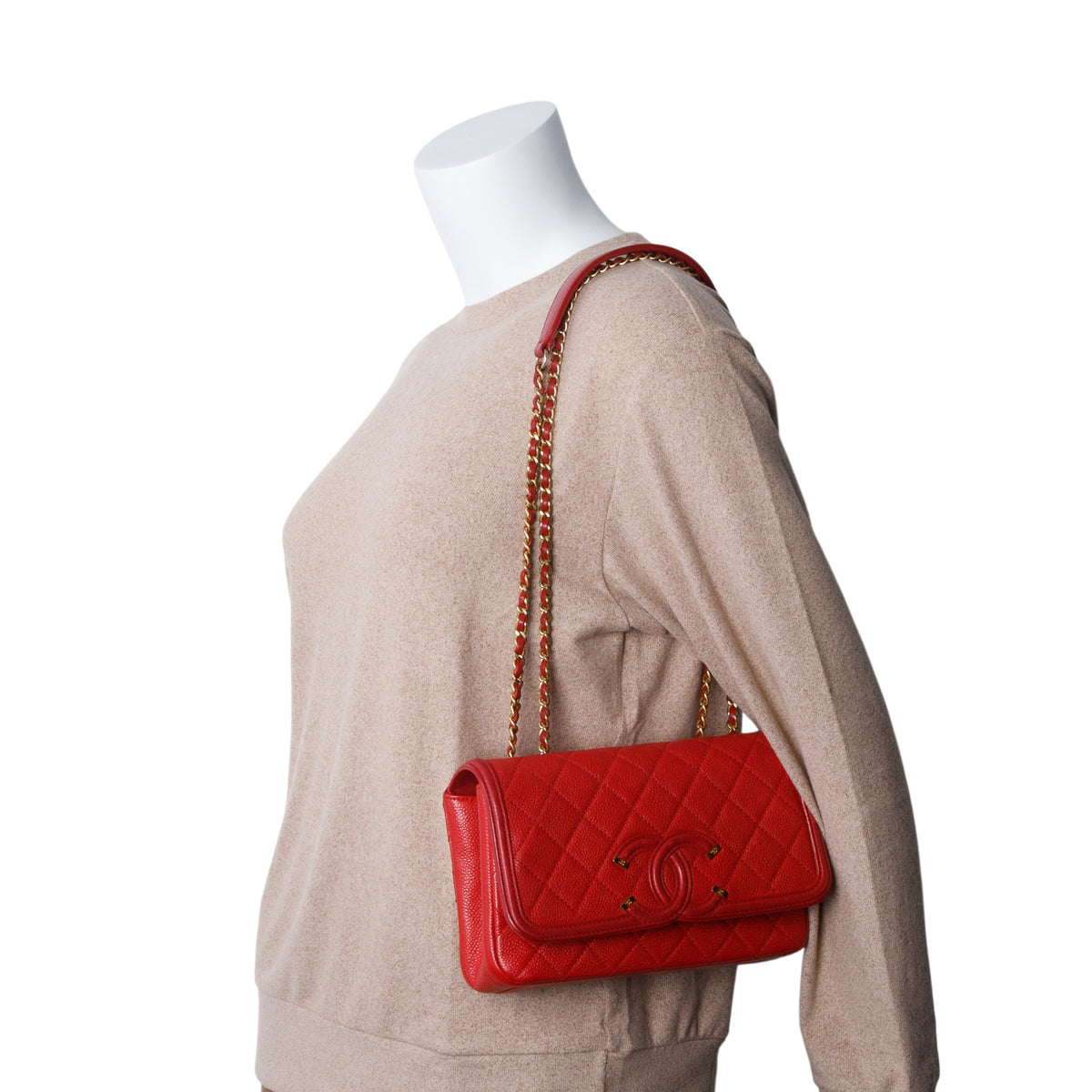 Chanel Red Caviar Quilted Leather CC Filigree Small Flap Bag