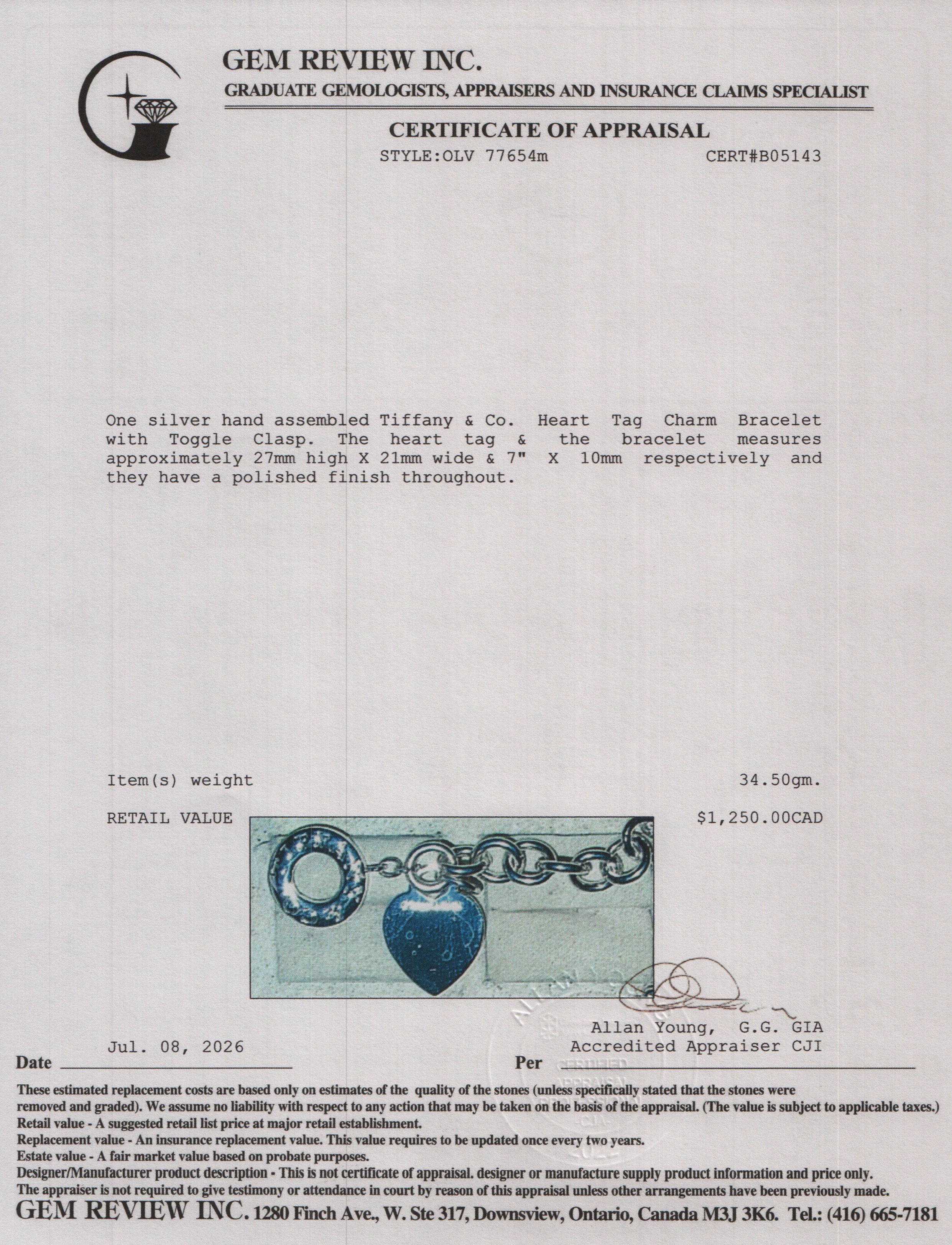 Tiffany & Co. Sterling Silver Heart Tag Charm Bracelet with Toggle Clasp