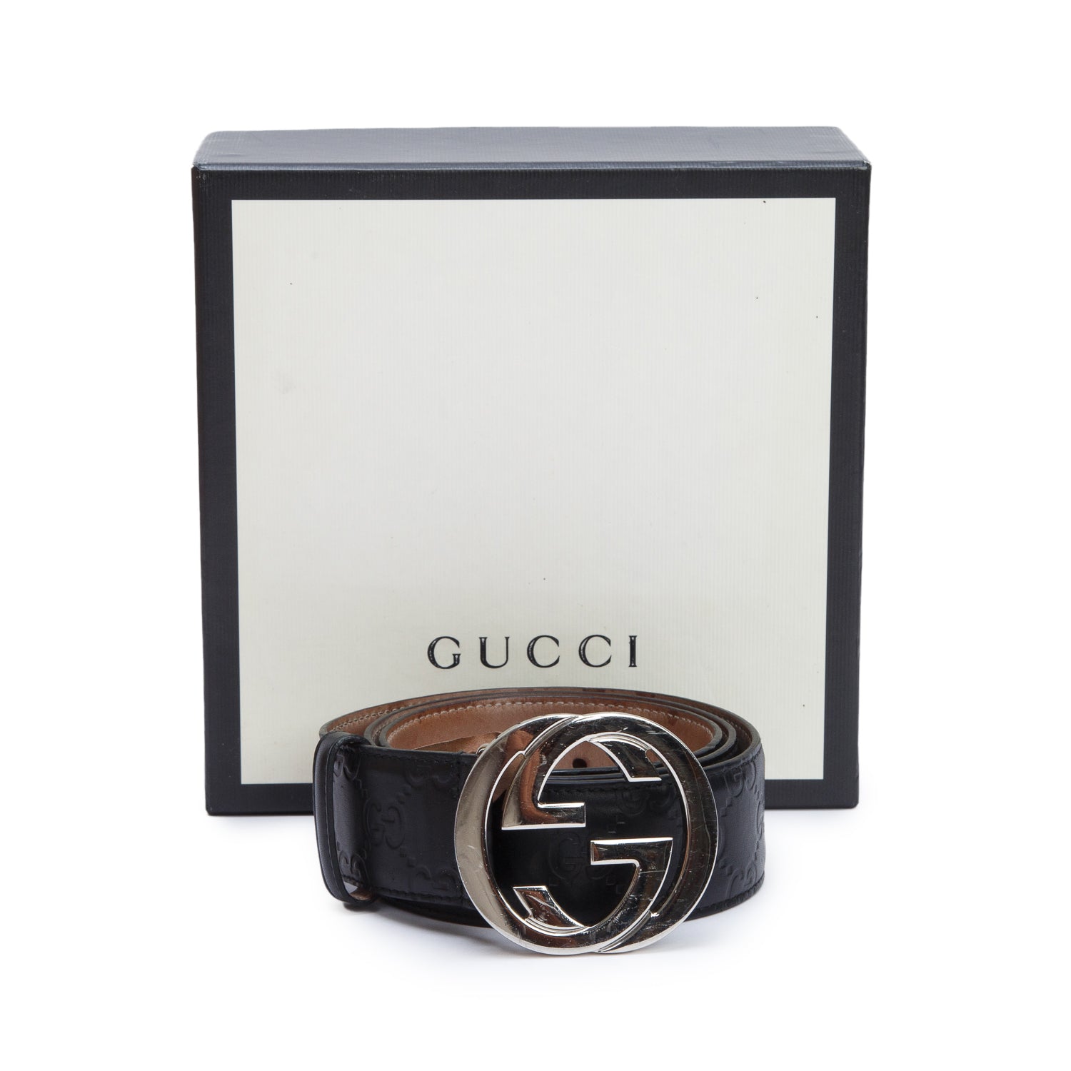 Gucci Black GG Signature Leather Interlocking G Belt 85 34 w/ Box