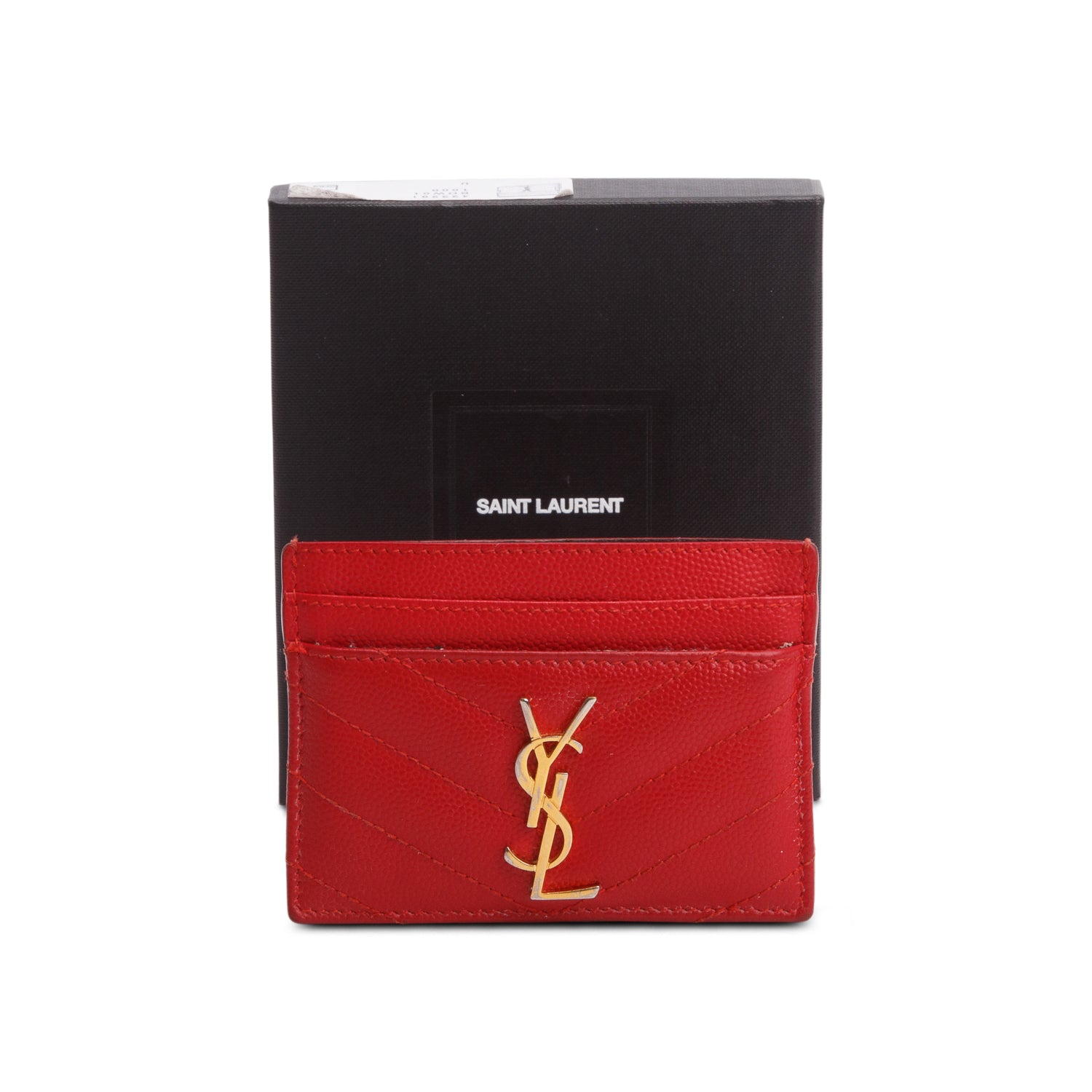 Saint Laurent Red Grain de Poudre Chevron Cassandre Card Holder w/ Box