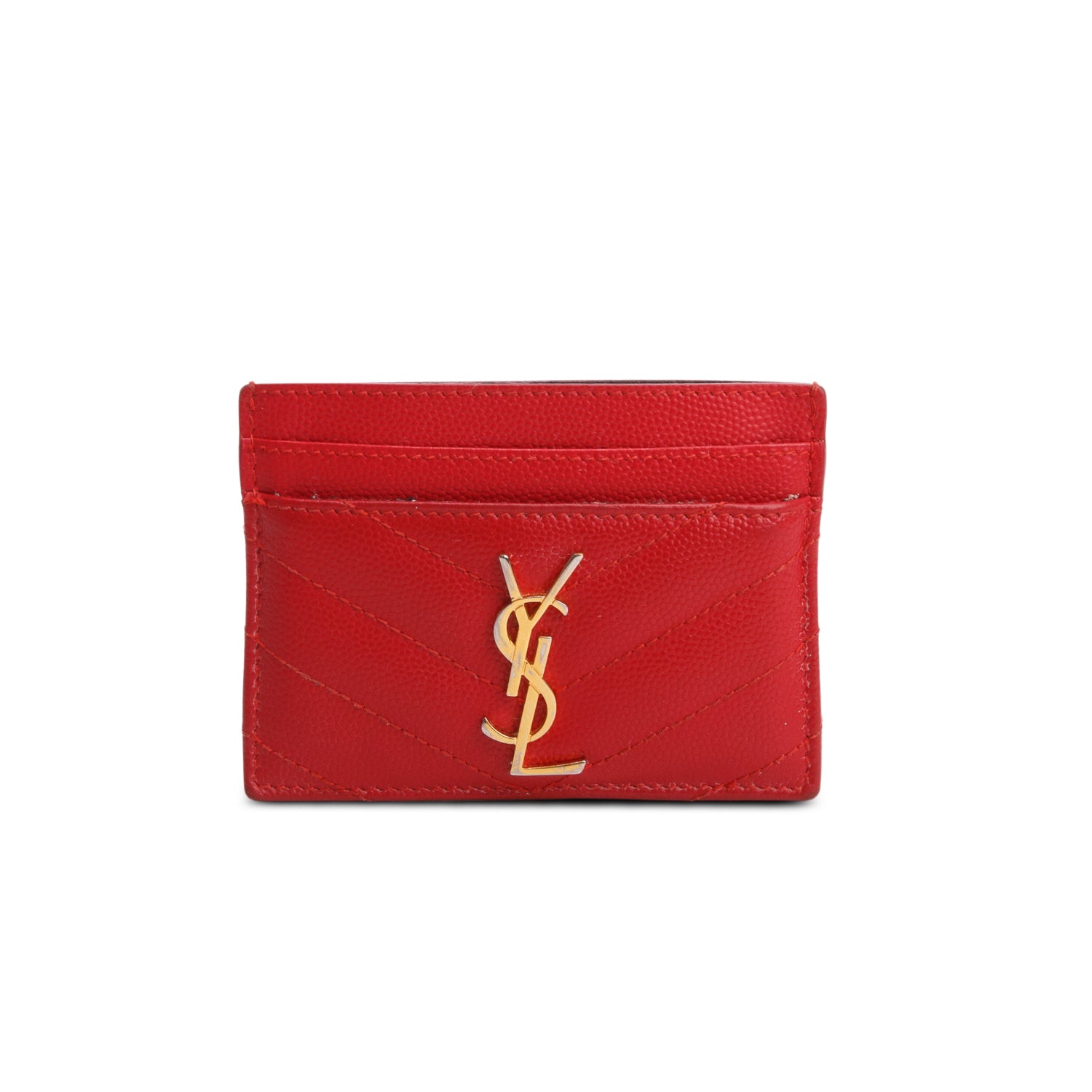 Saint Laurent Red Grain de Poudre Chevron Cassandre Card Holder w/ Box