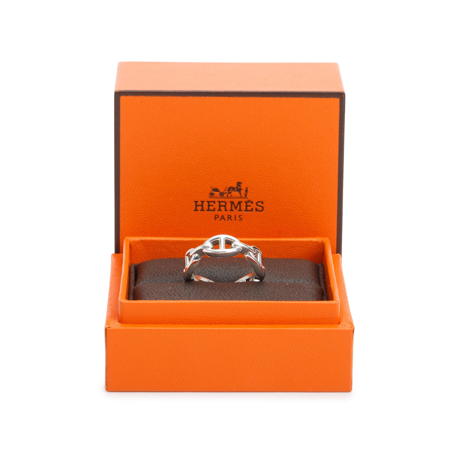 Hermes Sterling Silver Chaine D'Ancre Enchainee Ring, Small Model, Size 54 7 w/ Box