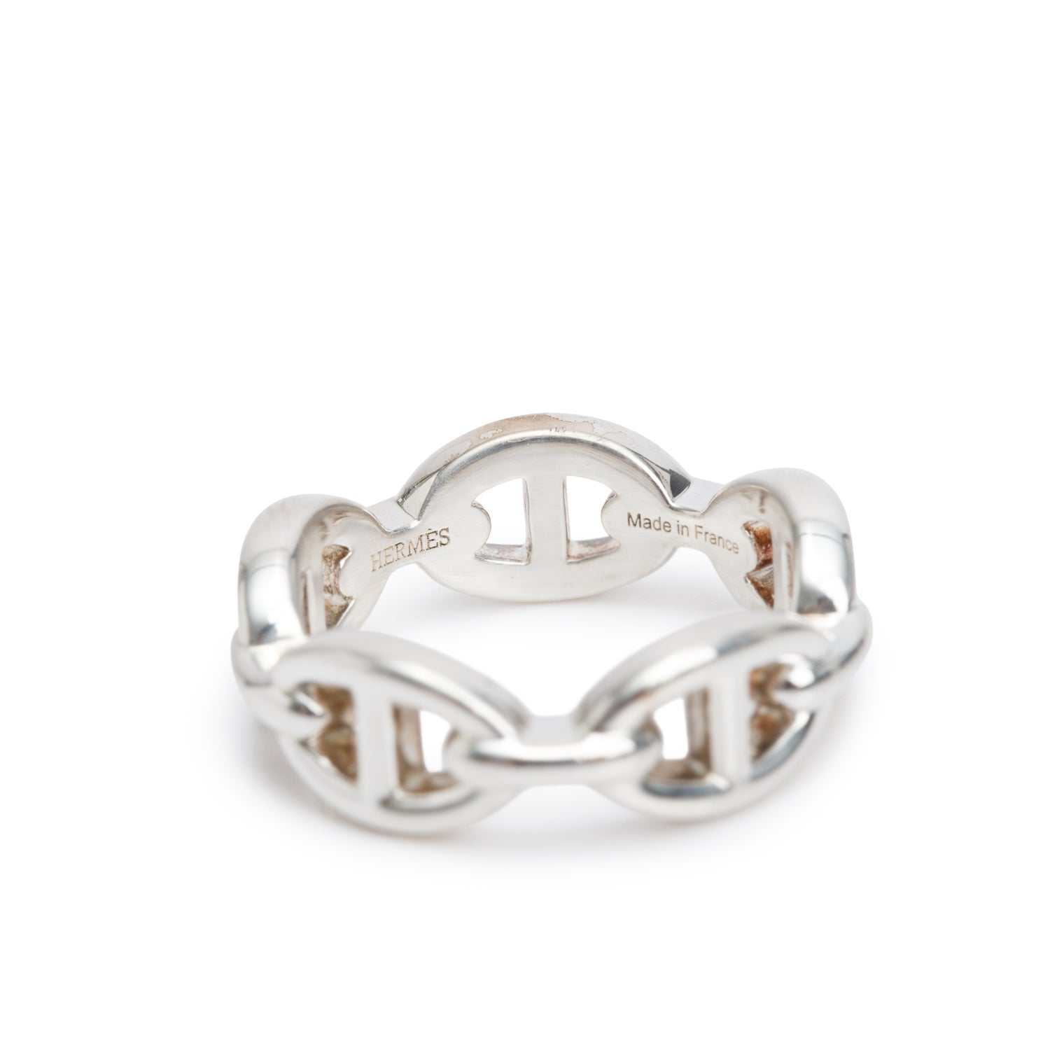 Hermes Sterling Silver Chaine D'Ancre Enchainee Ring, Small Model, Size 54 7 w/ Box
