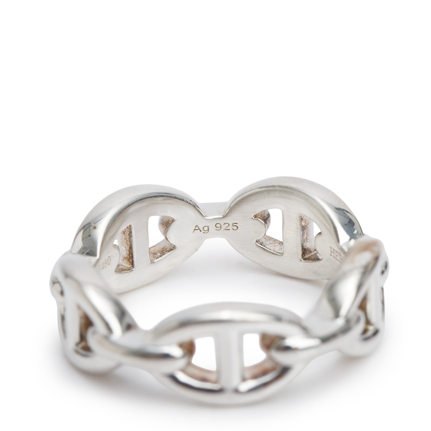 Hermes Sterling Silver Chaine D'Ancre Enchainee Ring, Small Model, Size 54 7 w/ Box