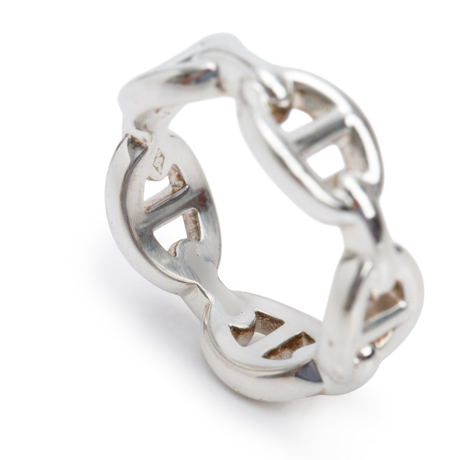 Hermes Sterling Silver Chaine D'Ancre Enchainee Ring, Small Model, Size 54 7 w/ Box