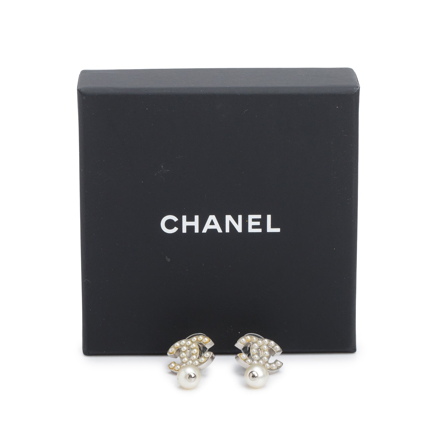 Chanel Palladium Plated Faux Pearl CC Drop Earrings w/ Box