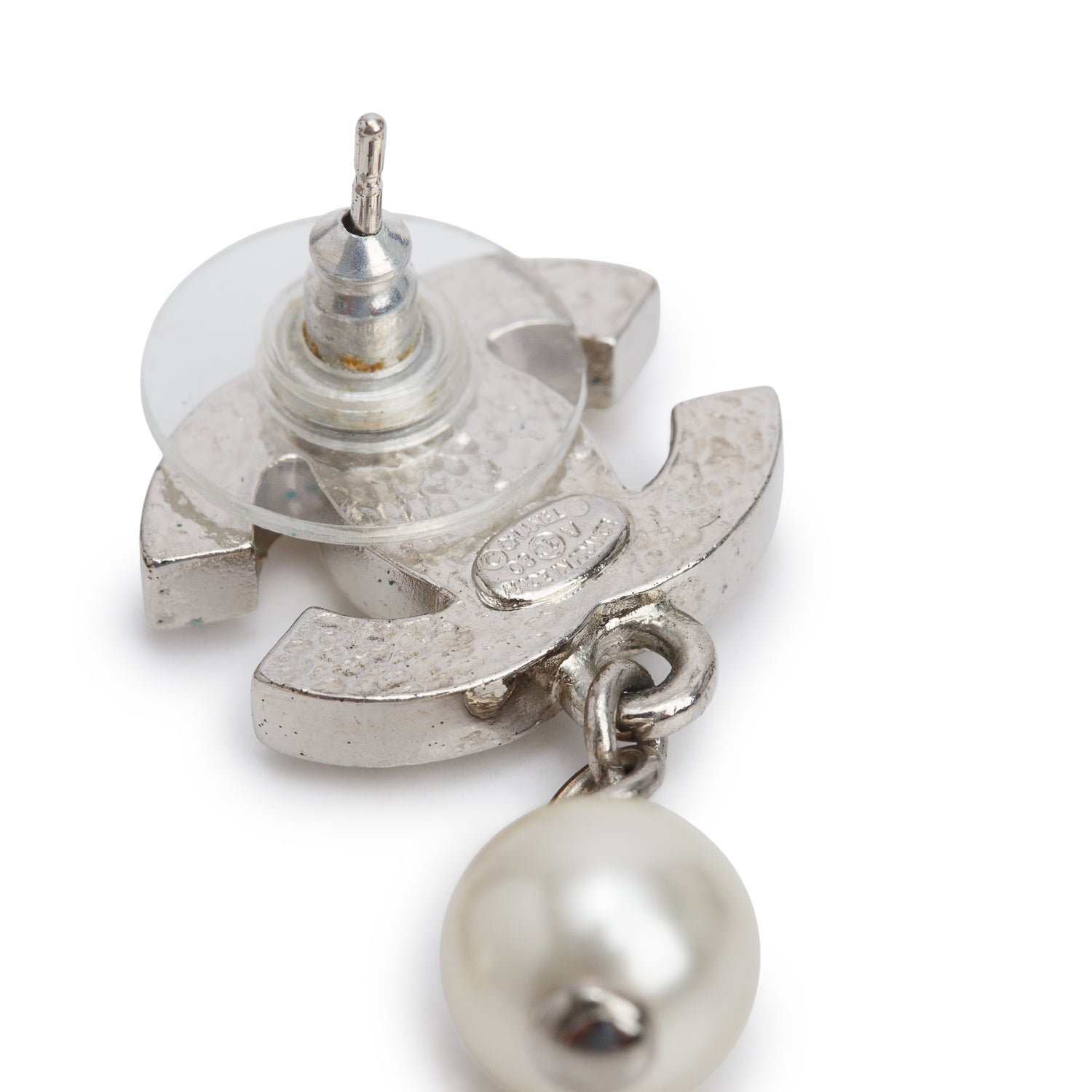 Chanel Palladium Plated Faux Pearl CC Drop Earrings w/ Box