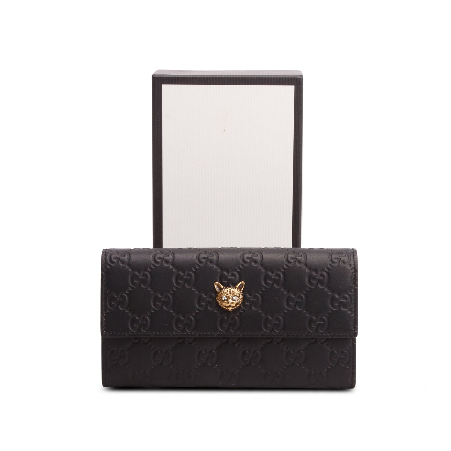 Gucci Black Leather Signature Crystal Cat Continental Flap Wallet w/ Box