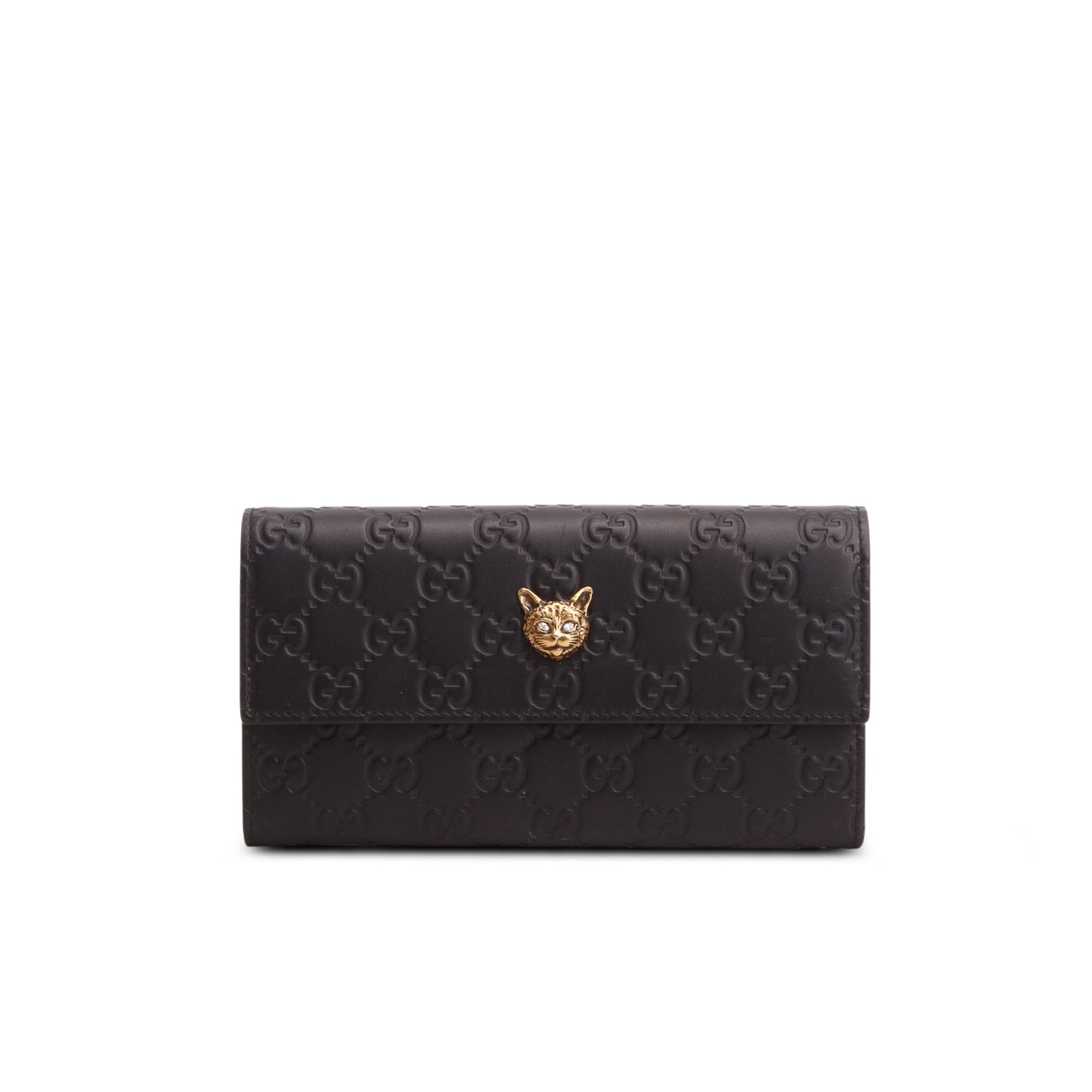 Gucci Black Leather Signature Crystal Cat Continental Flap Wallet w/ Box