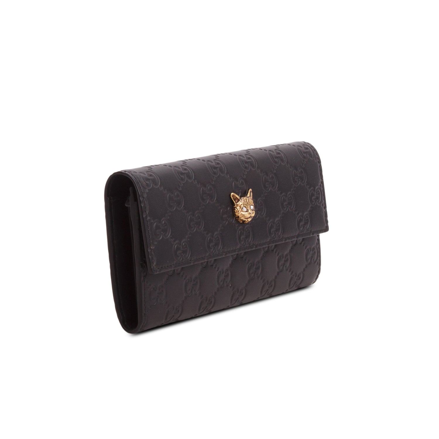 Gucci Black Leather Signature Crystal Cat Continental Flap Wallet w/ Box