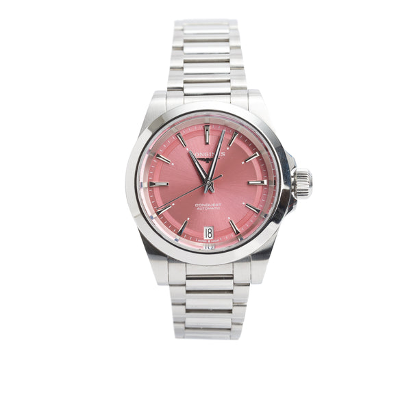 Longines Stainless Steel Conquest 34 MM Automatic Watch Pink Dial