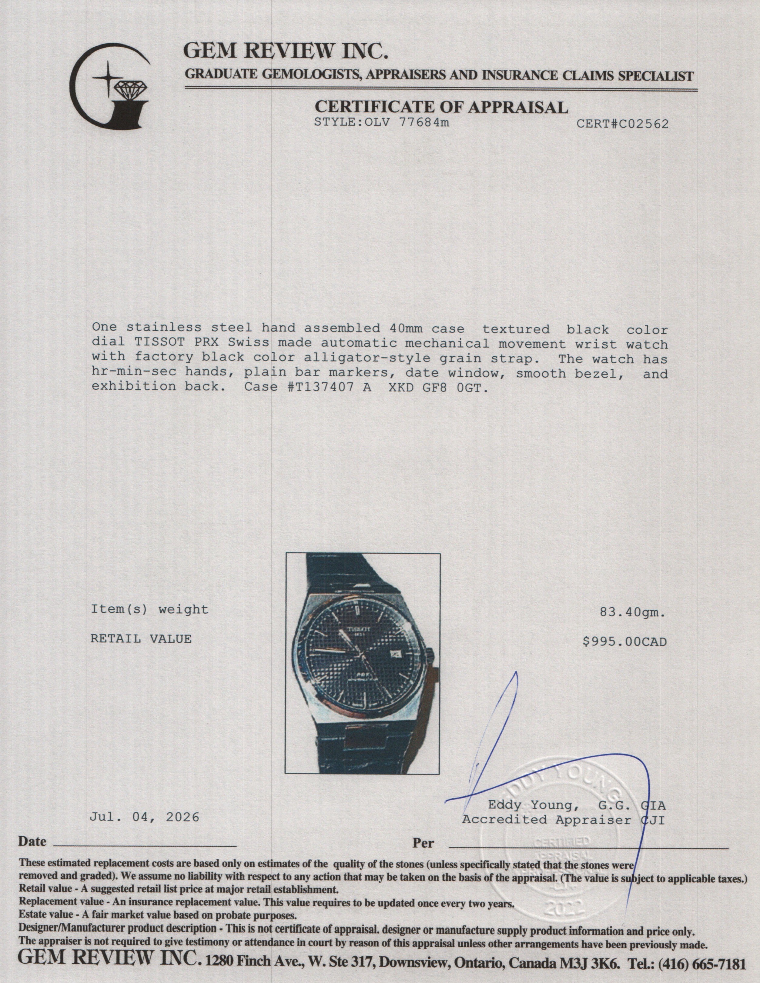 Tissot Stainless Steel PRX 40 MM Automatic Watch Black Dial w/ Box