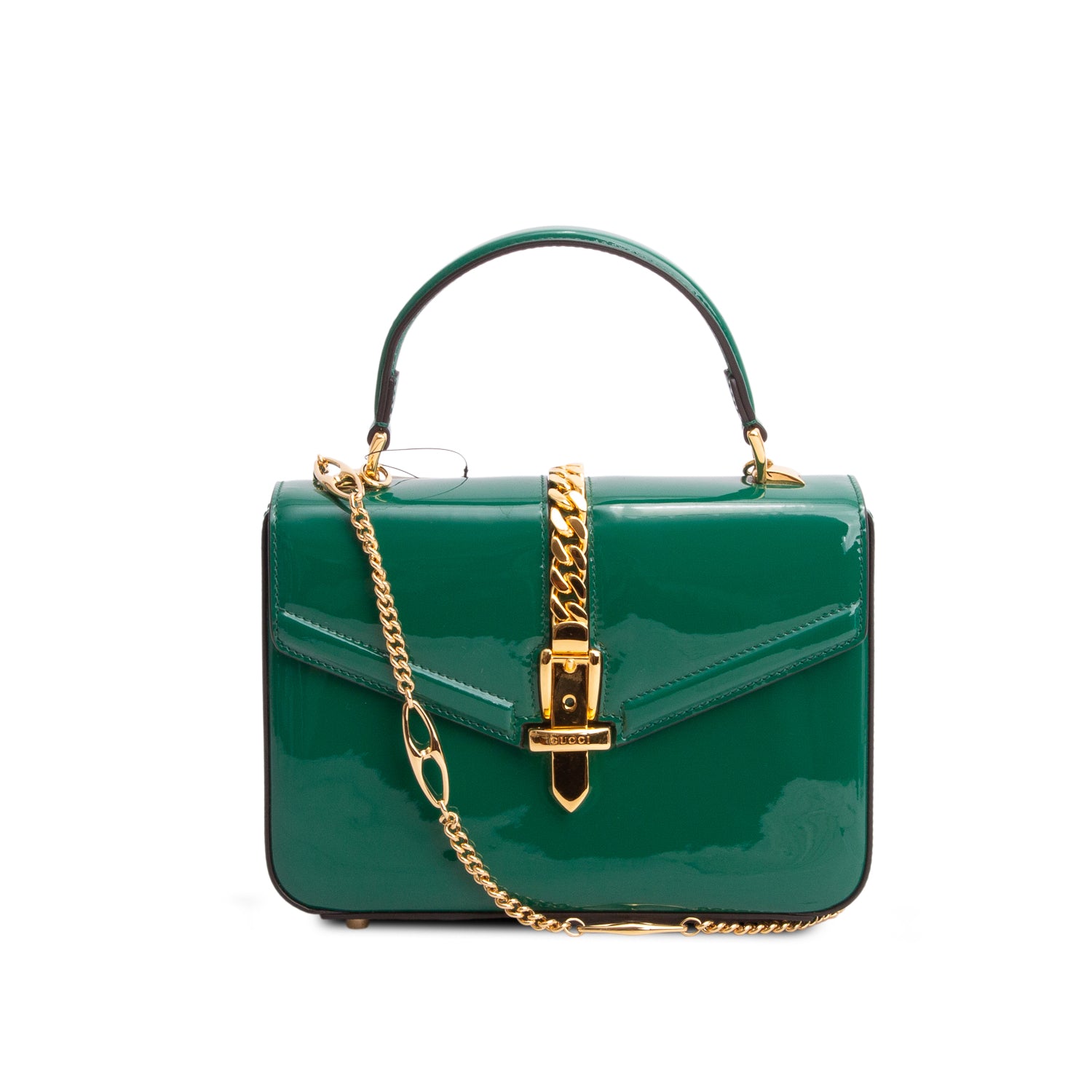 Gucci Green Mousse Top Patent Small Sylvie 1969 Small Top Handle Bag w/ Chain