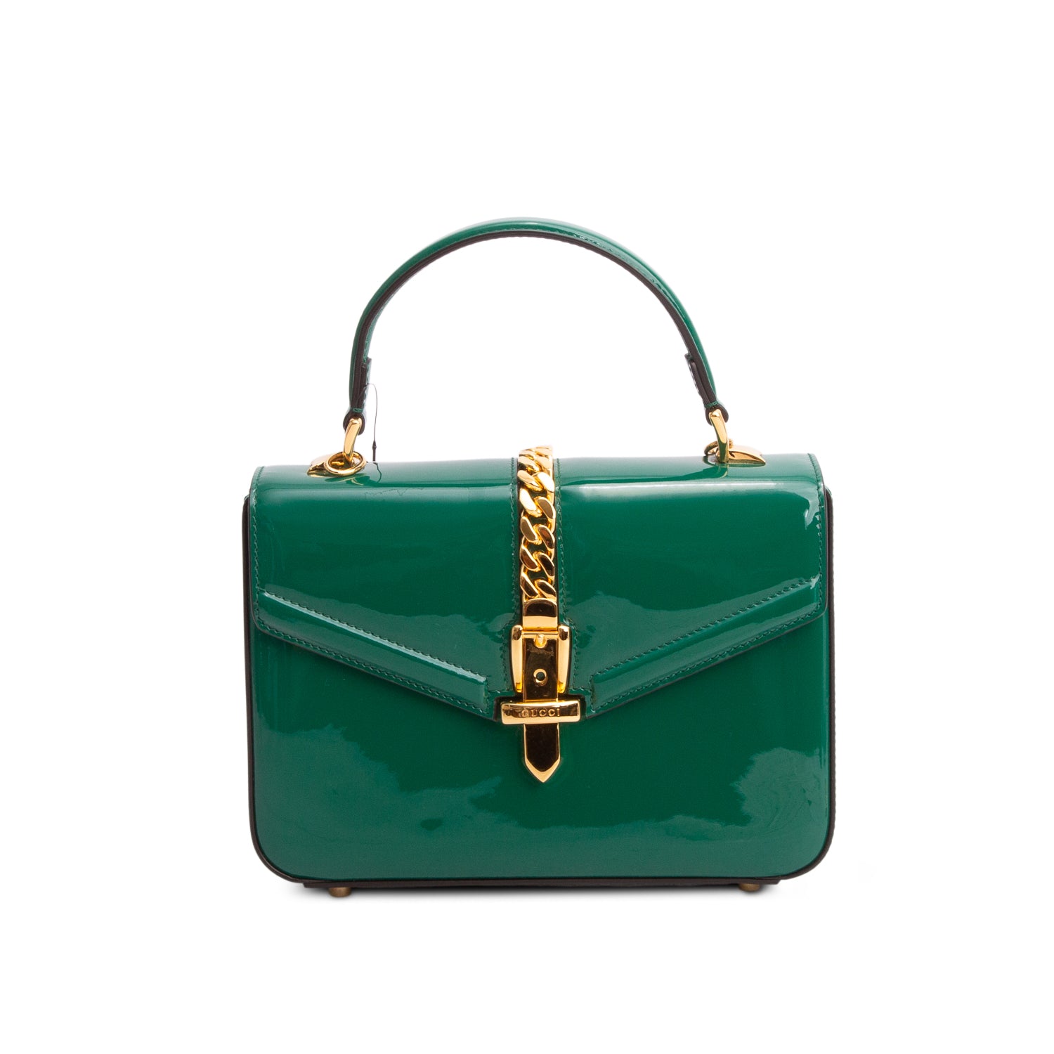 Gucci Green Mousse Top Patent Small Sylvie 1969 Small Top Handle Bag w/ Chain