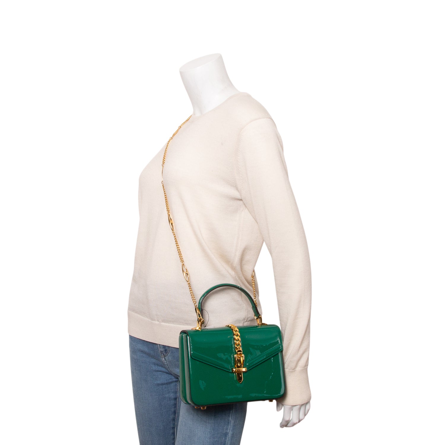 Gucci Green Mousse Top Patent Small Sylvie 1969 Small Top Handle Bag w/ Chain