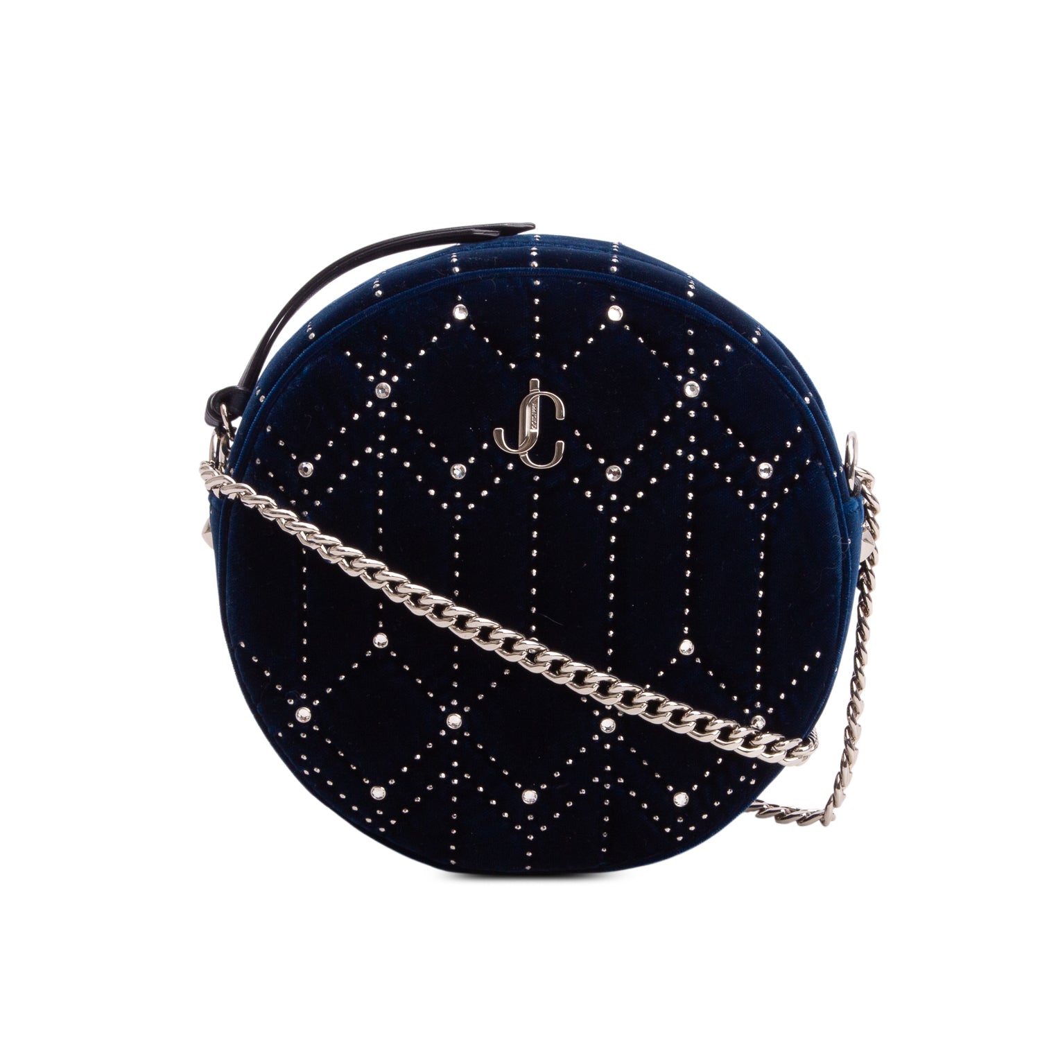 Jimmy Choo Blue Velvet Crystal Quilted Round Crossbody Bag w/ Authenticity Card