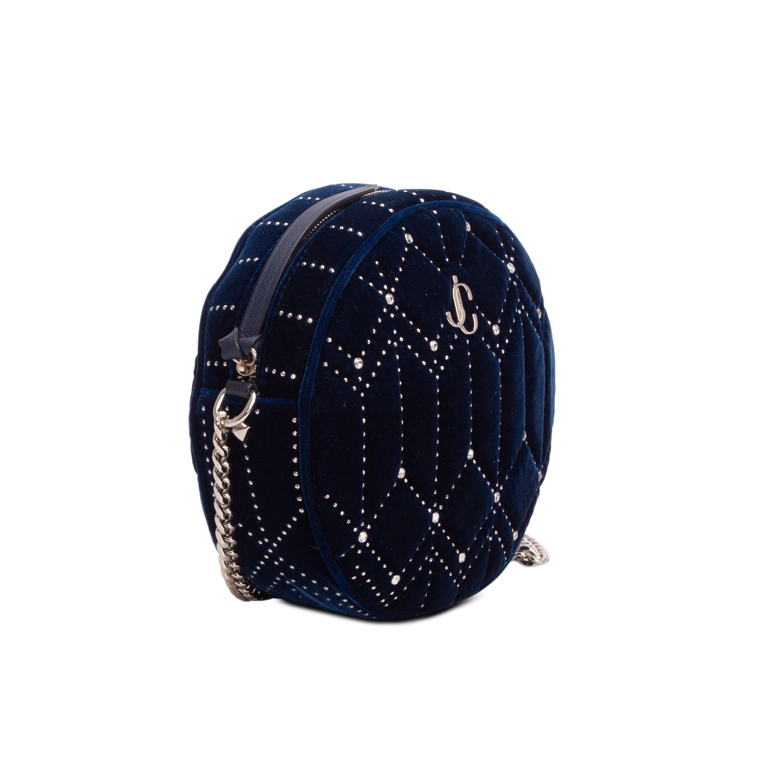 Jimmy Choo Blue Velvet Crystal Quilted Round Crossbody Bag w/ Authenticity Card