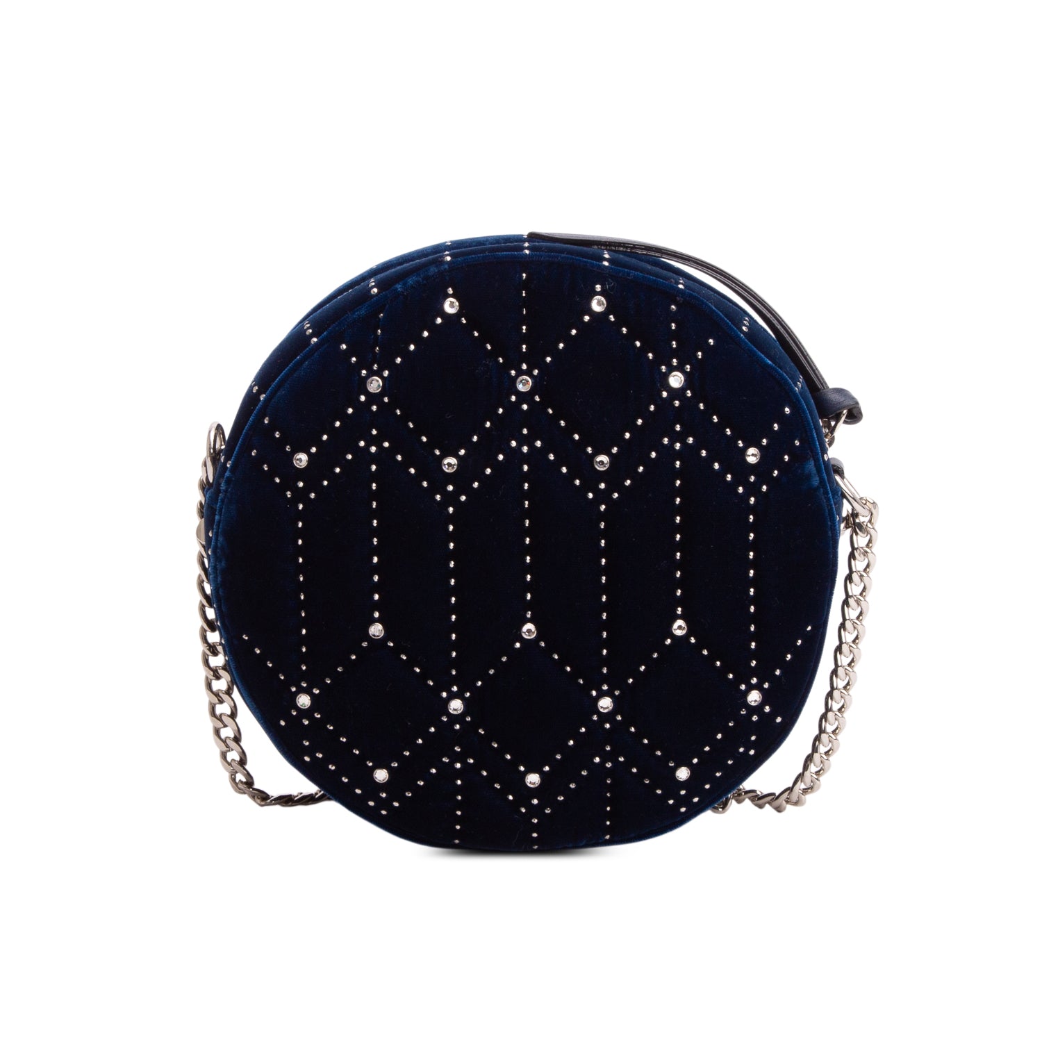 Jimmy Choo Blue Velvet Crystal Quilted Round Crossbody Bag w/ Authenticity Card