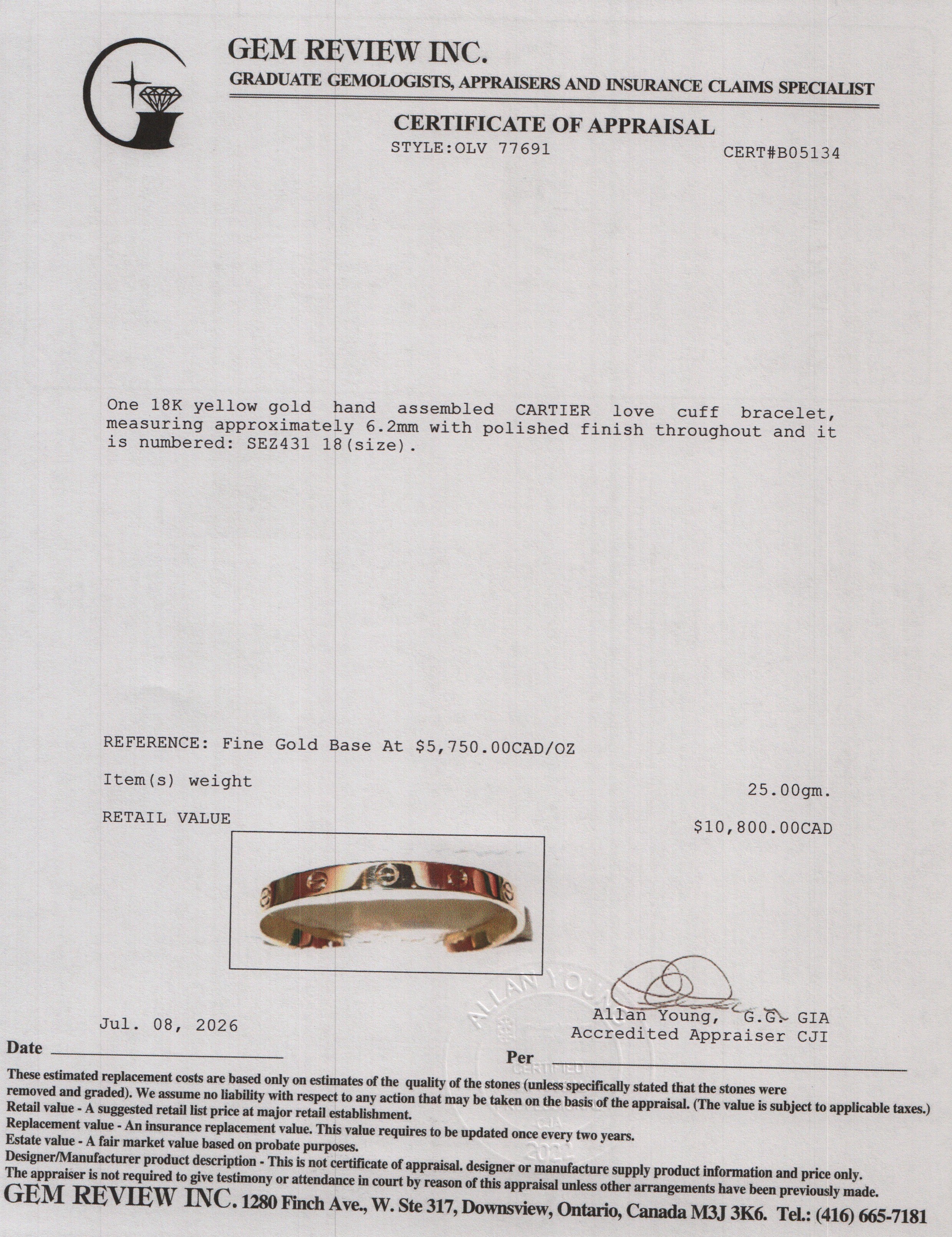 Cartier 2024 18k Yellow Gold Love Cuff, Size 18 w/ Box, Receipt & Certificate