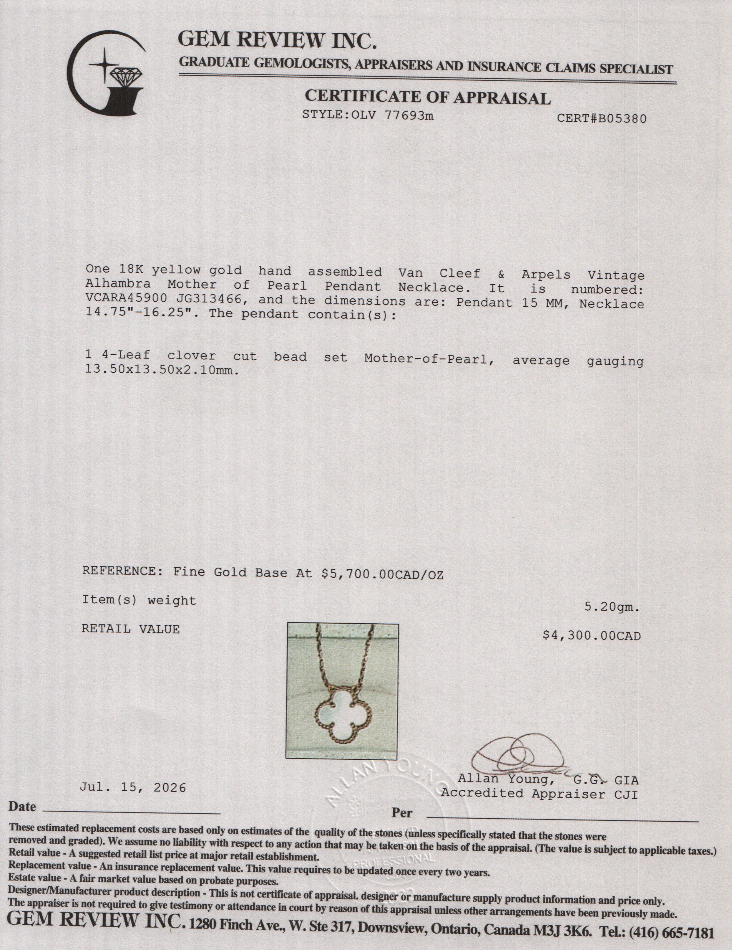 Van Cleef & Arpels 2025 18k Yellow Gold Vintage Alhambra Mother of Pearl Pendant Necklace w/ Box & Certificate