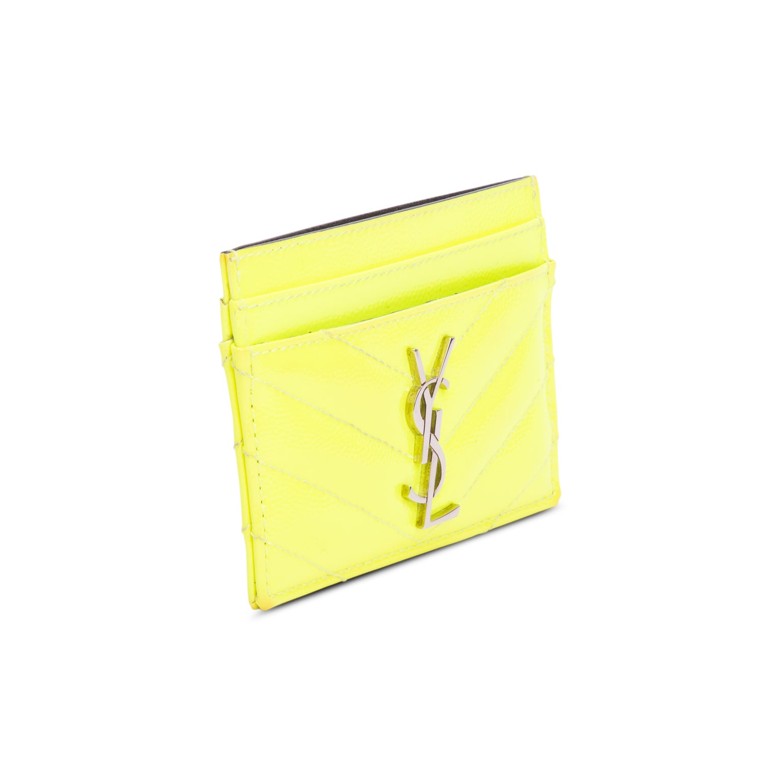 Saint Laurent Green Grain de Poudre Chevron Cassandre Card Holder w/ Box