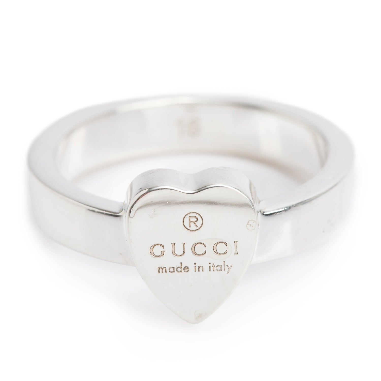 Gucci Sterling Silver Trademark Heart Ring, Size 16 7.5