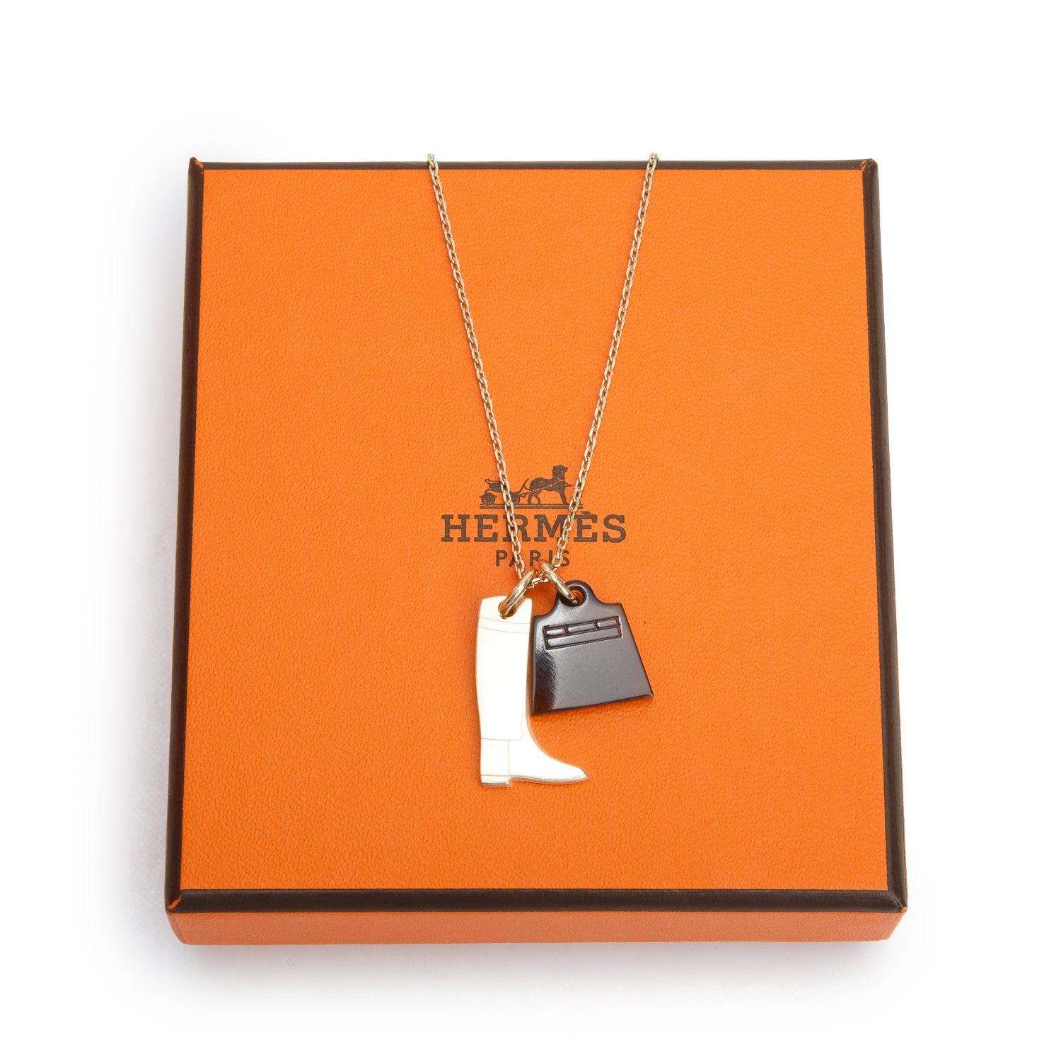 Hermes 2022 Gold-Plated Brown Horn Amulette Maroquinier Pendant Pendant Necklace, Small Model w/ Box & Receipt