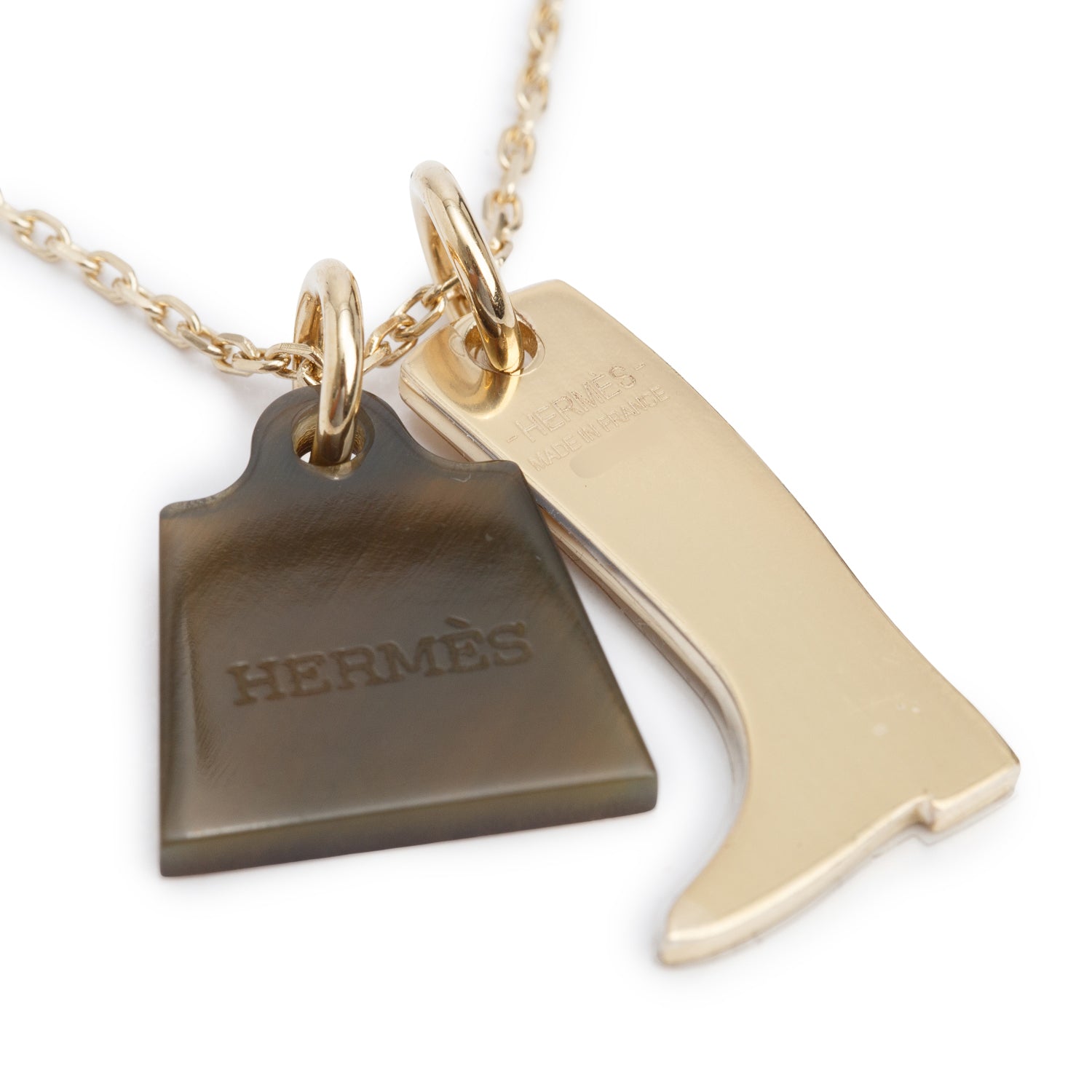 Hermes 2022 Gold-Plated Brown Horn Amulette Maroquinier Pendant Pendant Necklace, Small Model w/ Box & Receipt