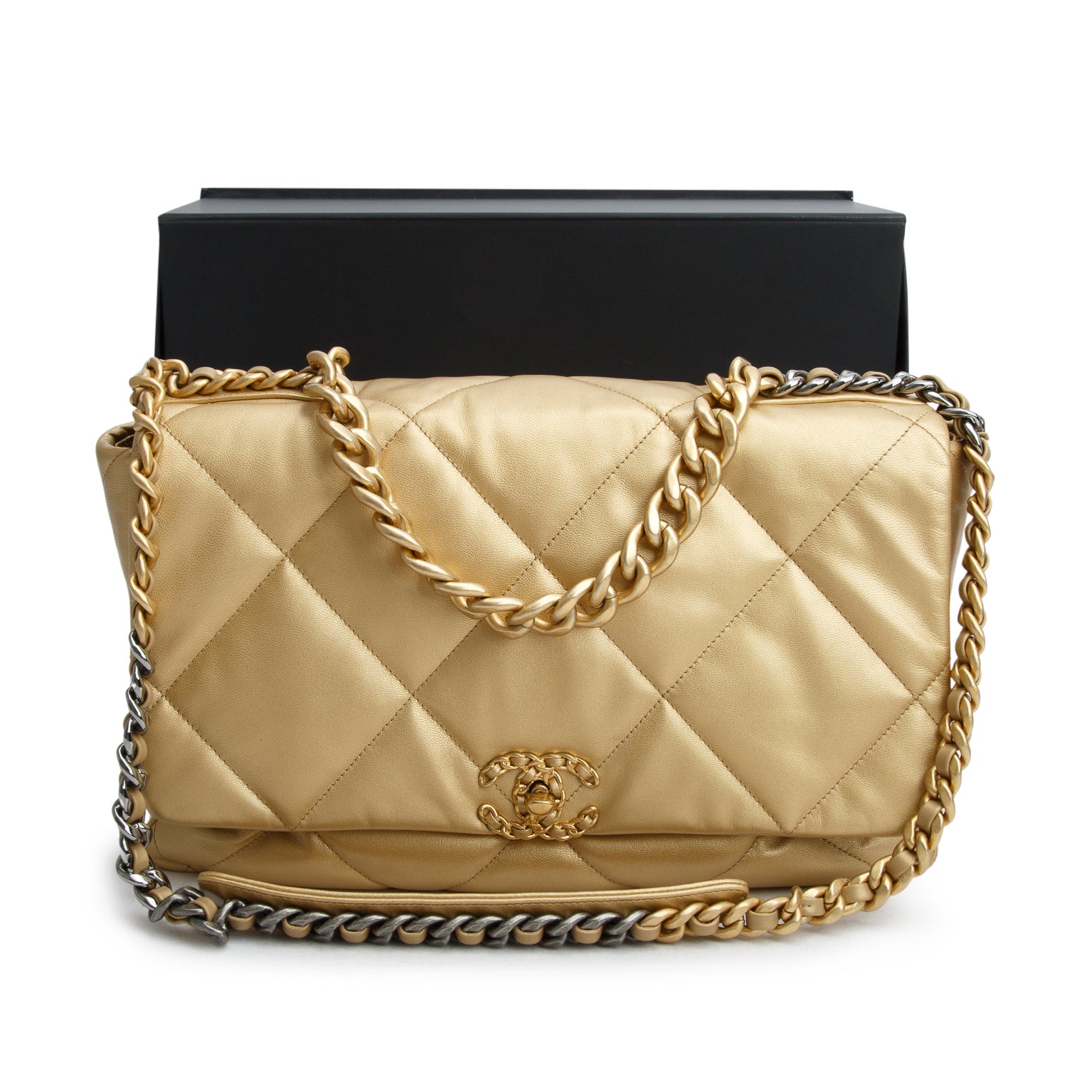 Chanel 2020 Gold Shiny Lambskin Quilted Maxi Chanel 19 Flap Bag w/ Box Authenticity Card