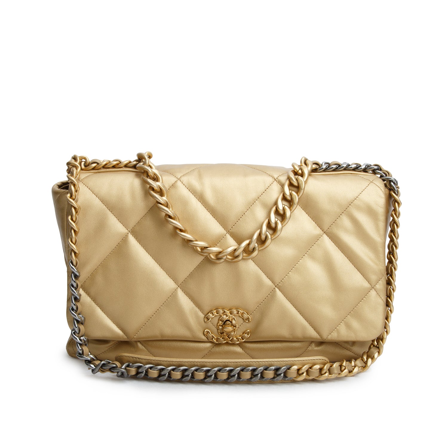 Chanel 2020 Gold Shiny Lambskin Quilted Maxi Chanel 19 Flap Bag w/ Box Authenticity Card