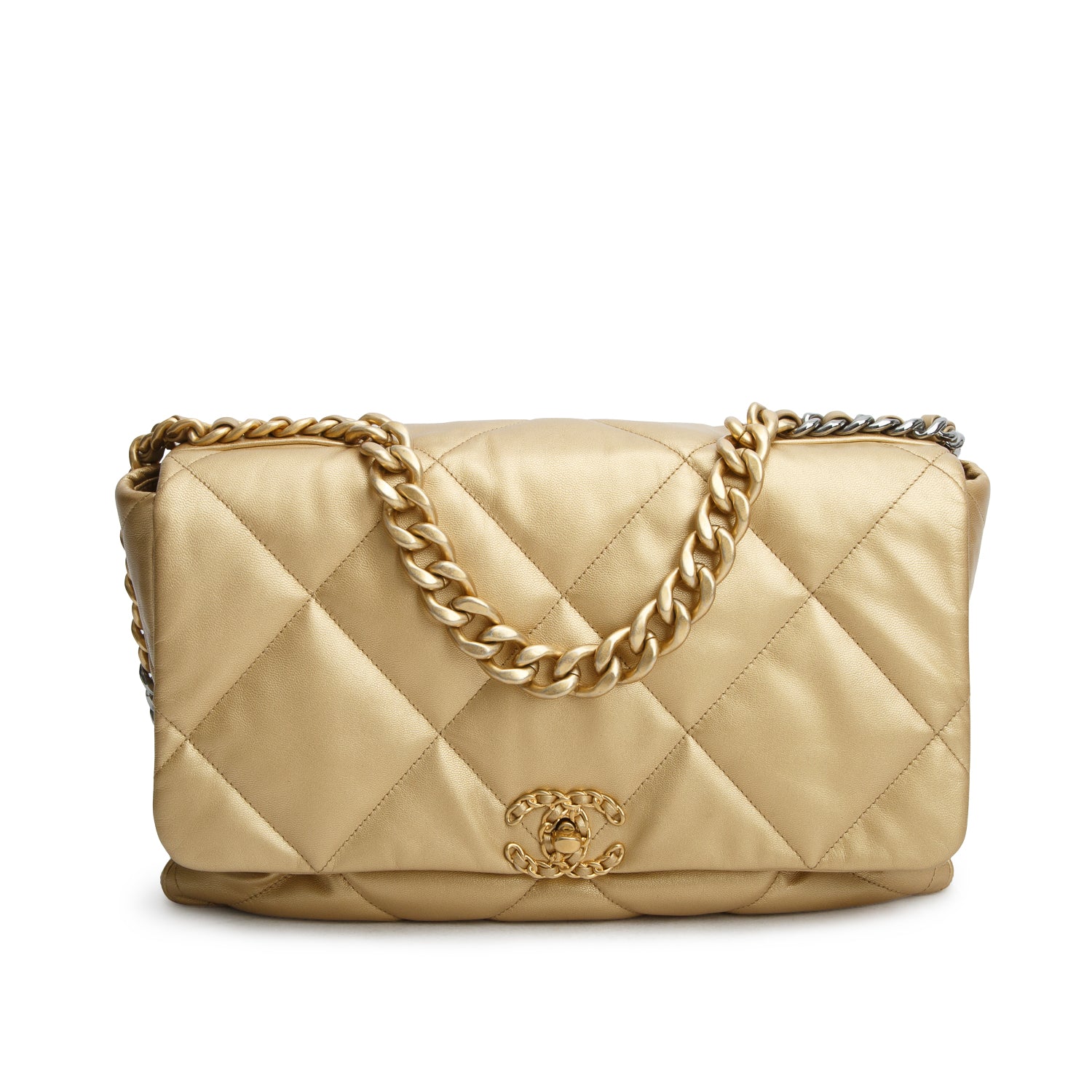 Chanel 2020 Gold Shiny Lambskin Quilted Maxi Chanel 19 Flap Bag w/ Box Authenticity Card