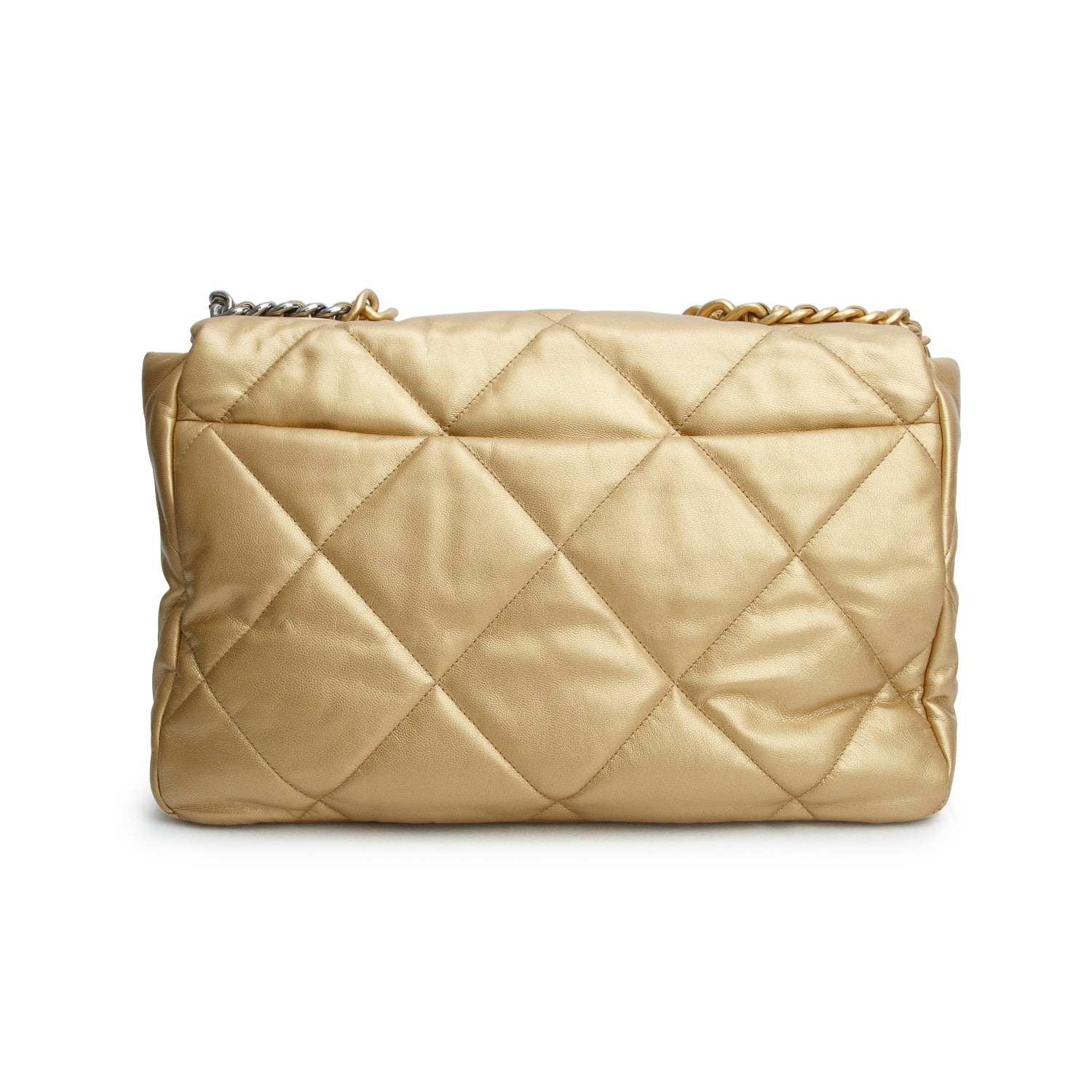 Chanel 2020 Gold Shiny Lambskin Quilted Maxi Chanel 19 Flap Bag w/ Box Authenticity Card