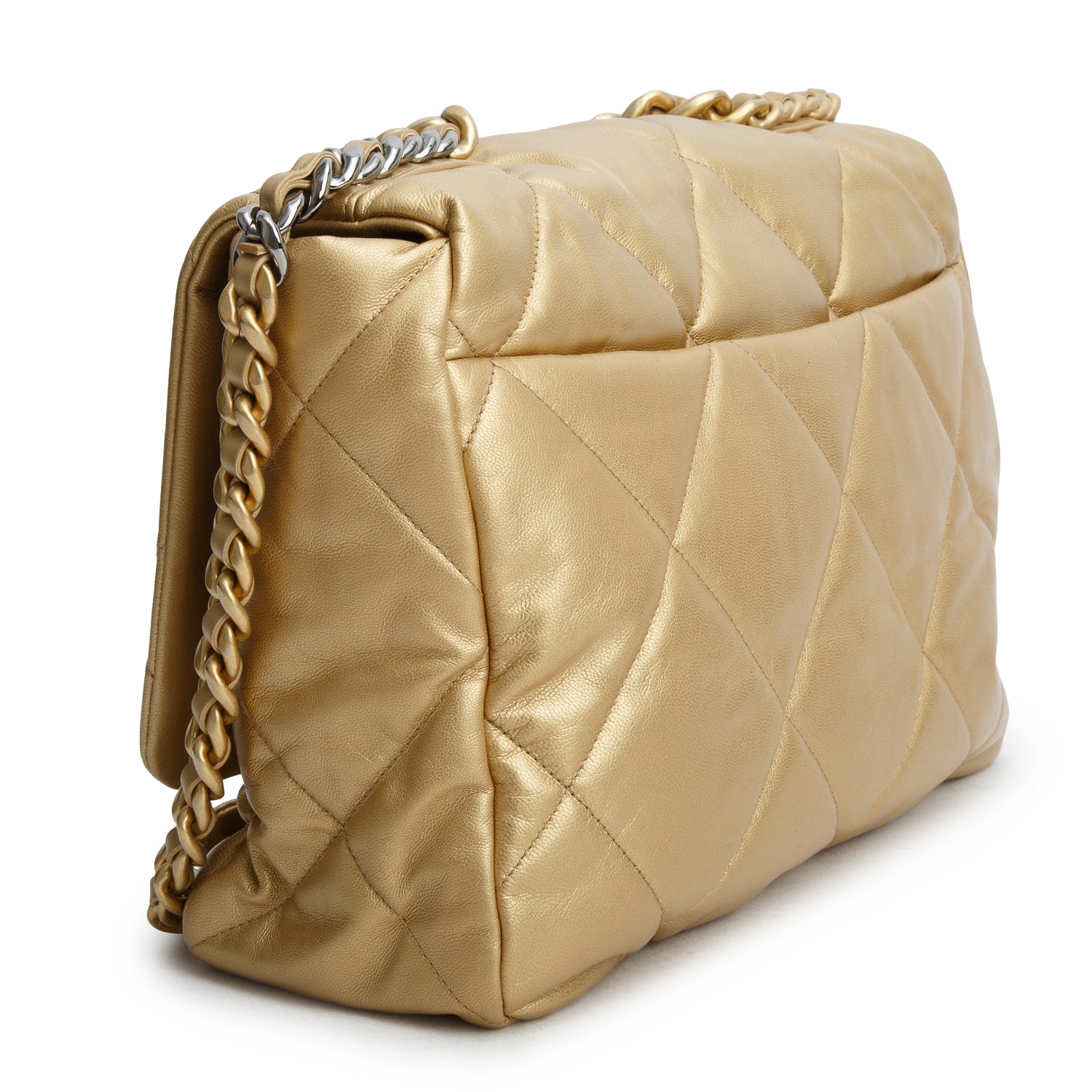 Chanel 2020 Gold Shiny Lambskin Quilted Maxi Chanel 19 Flap Bag w/ Box Authenticity Card