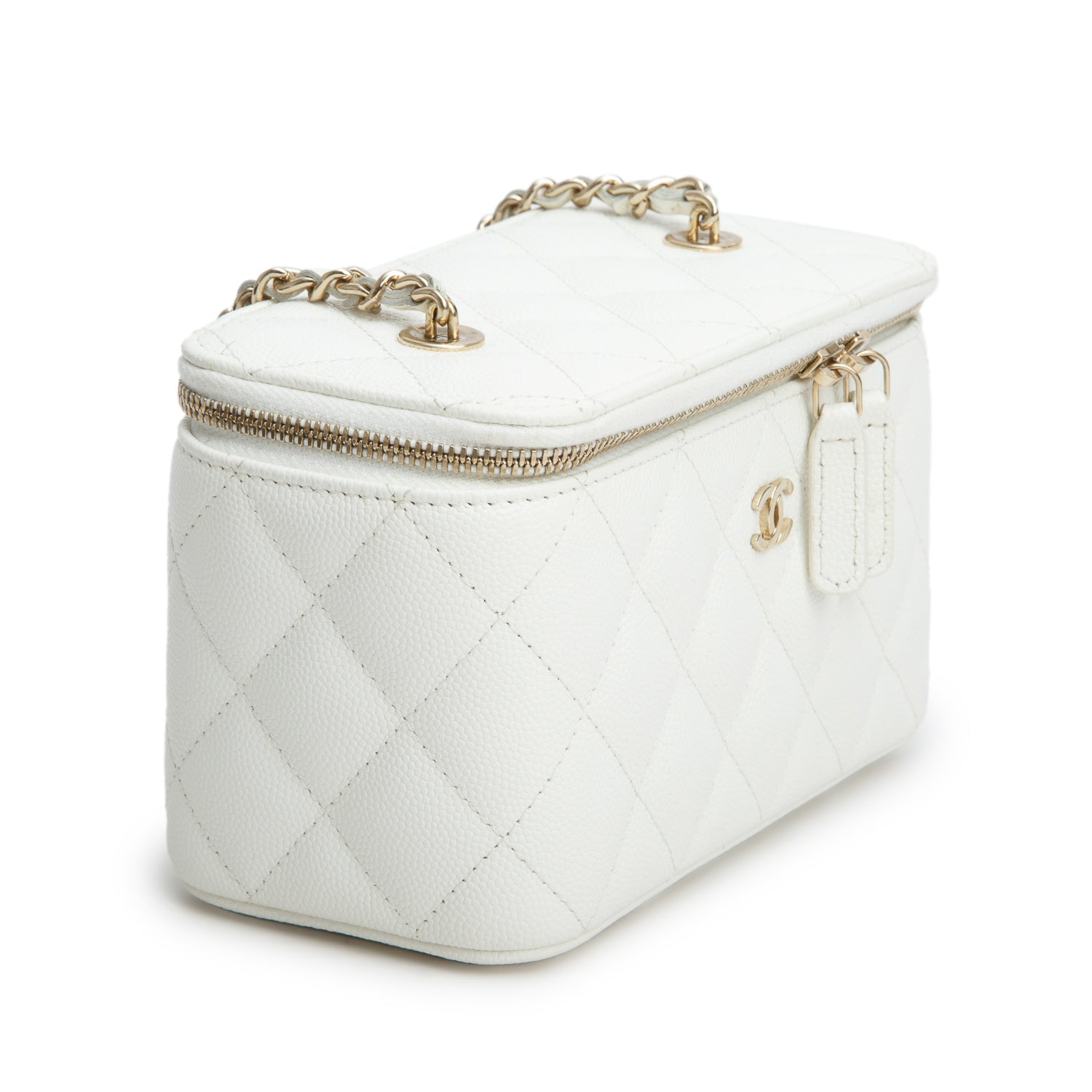 Chanel 2022 White Caviar Quilted Small Vanity Case with Chain