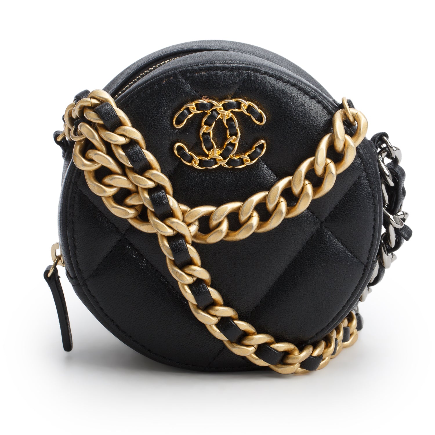 Chanel Black Shiny Goatskin Quilted Chanel 19 Round Clutch With Chain w/ Authenticity Card