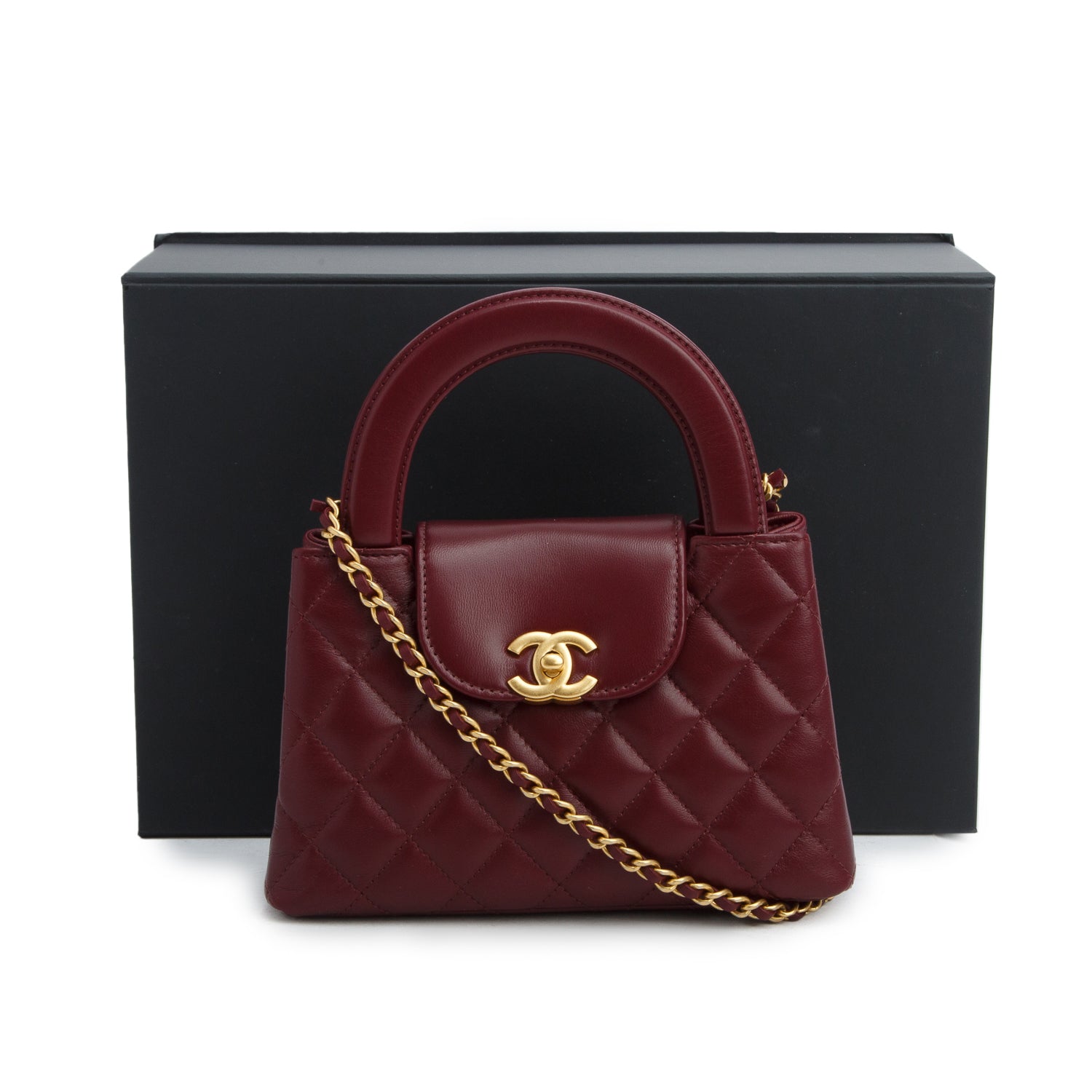 Chanel Burgundy Shiny Aged Calfskin Quilted Nano Kelly Shopper w/ Box