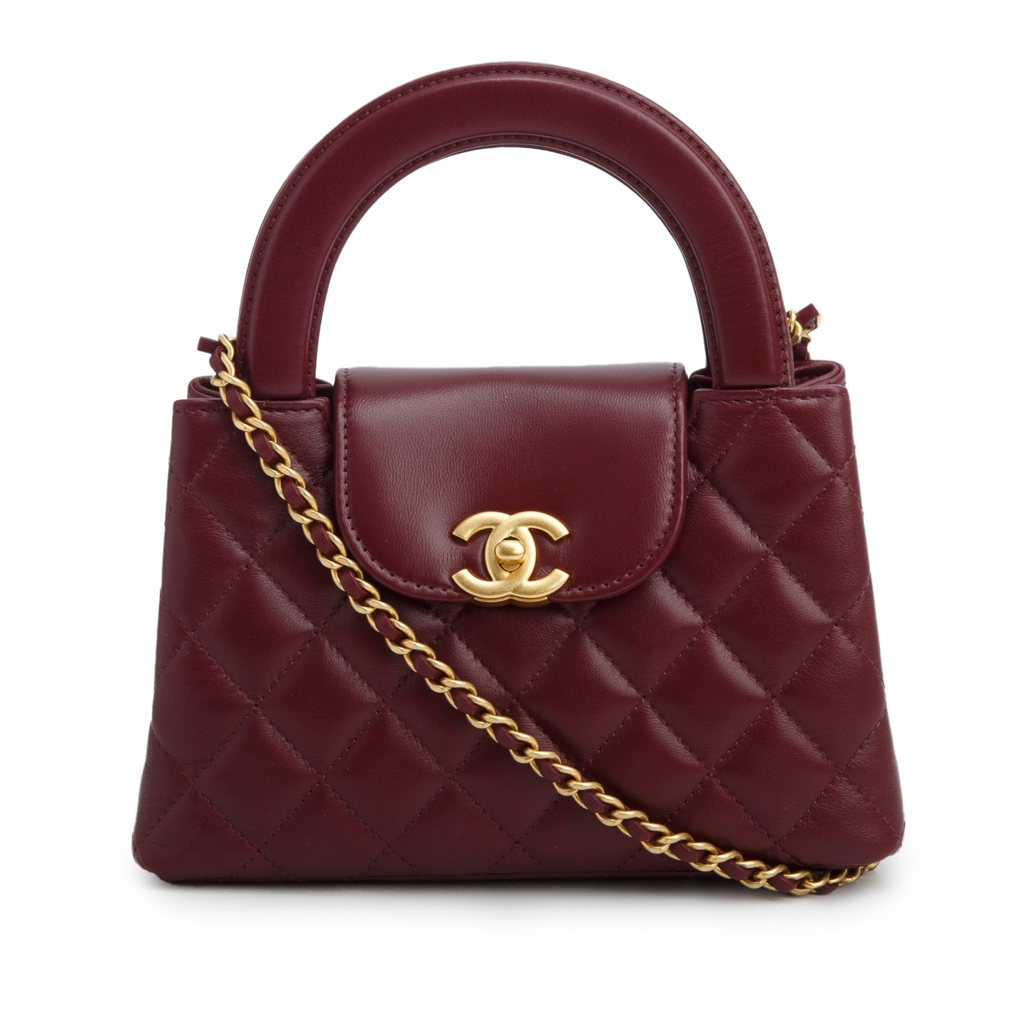 Chanel Burgundy Shiny Aged Calfskin Quilted Nano Kelly Shopper w/ Box