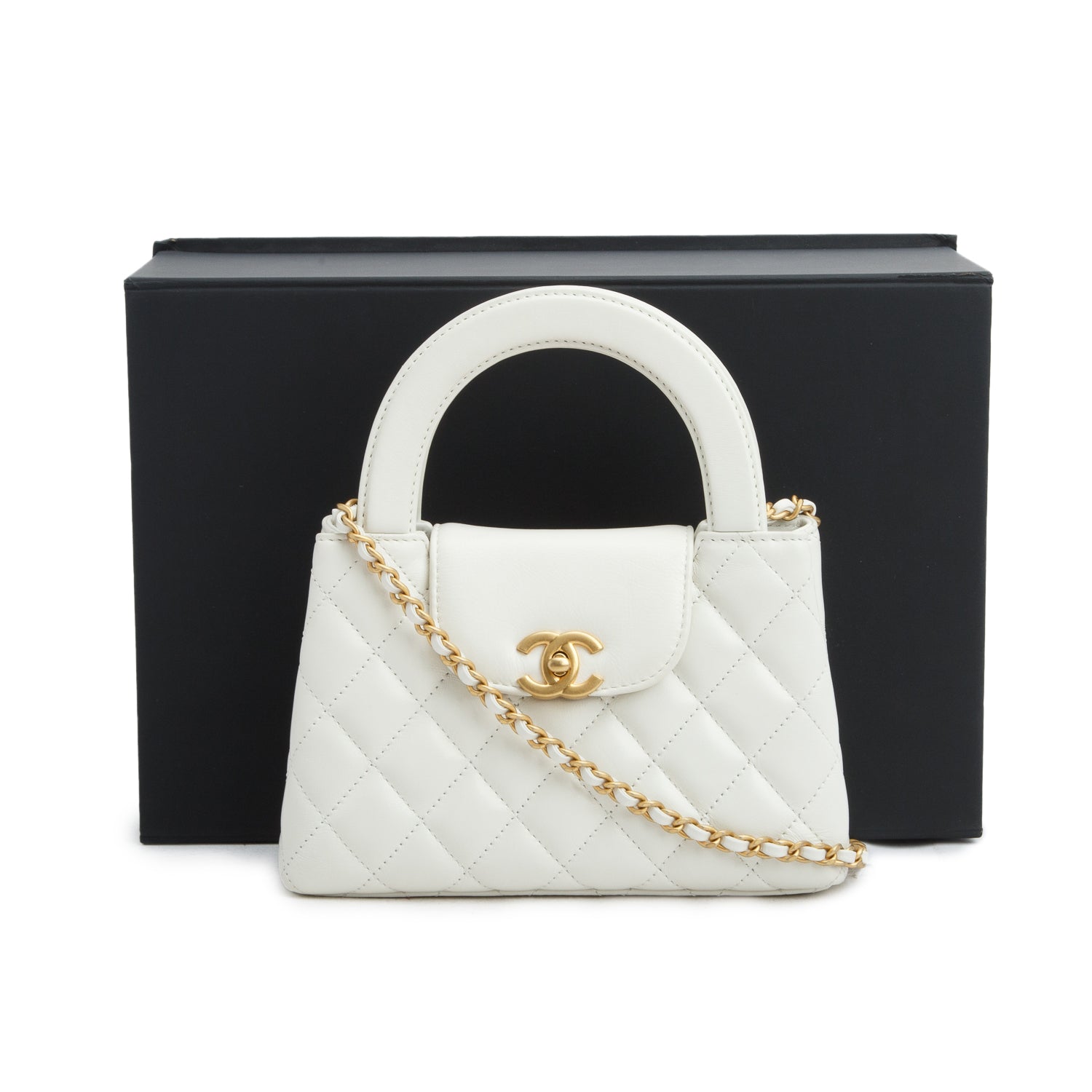 Chanel White Shiny Aged Calfskin Quilted Nano Kelly Shopper w/ Box