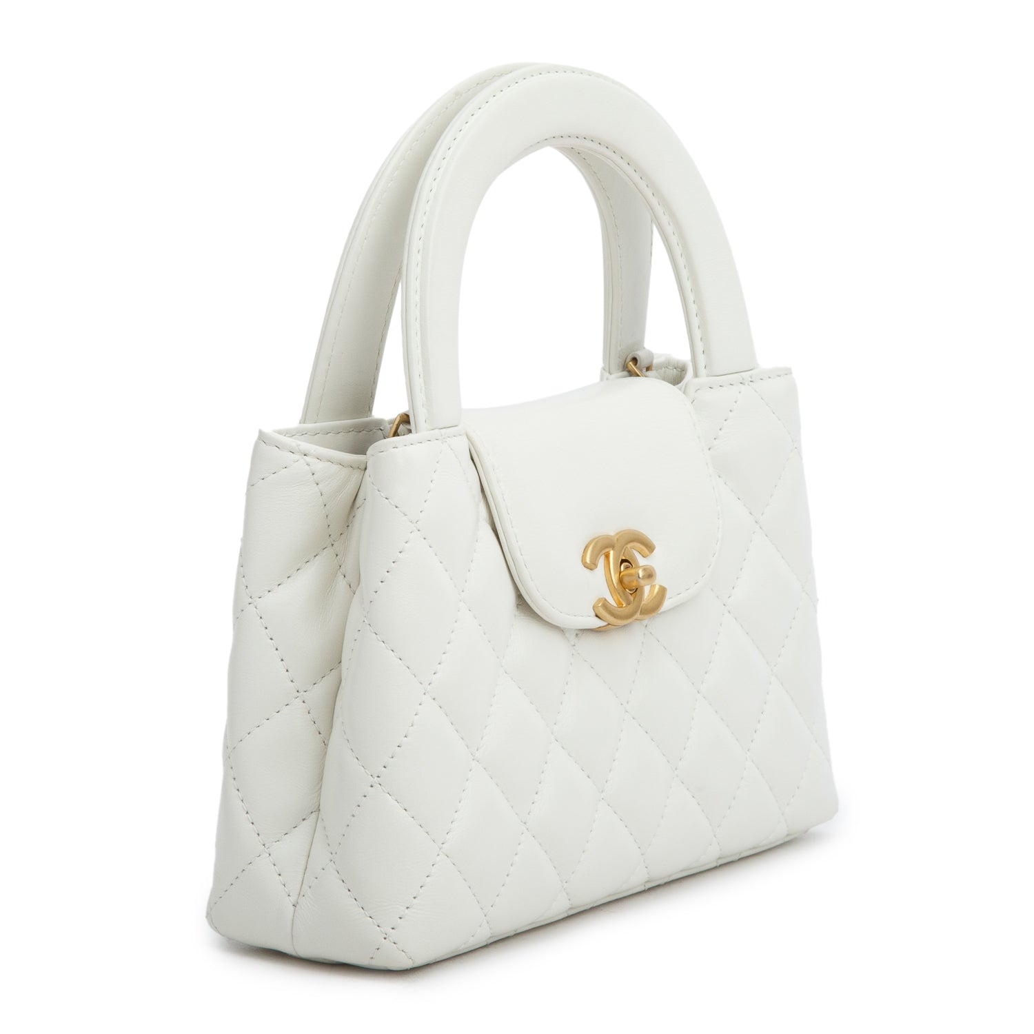 Chanel White Shiny Aged Calfskin Quilted Nano Kelly Shopper w/ Box
