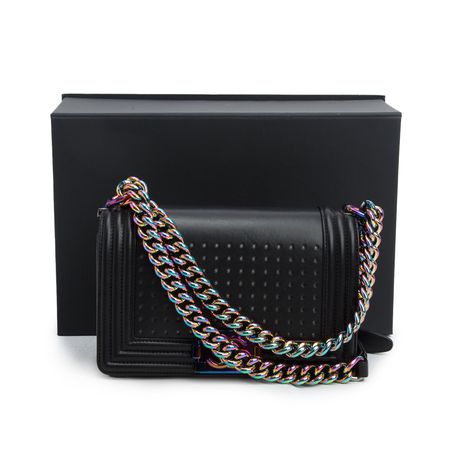 Chanel Iridescent Metal Black Lambskin Leather LED Small Boy Bag w/ Box & Authenticity Card